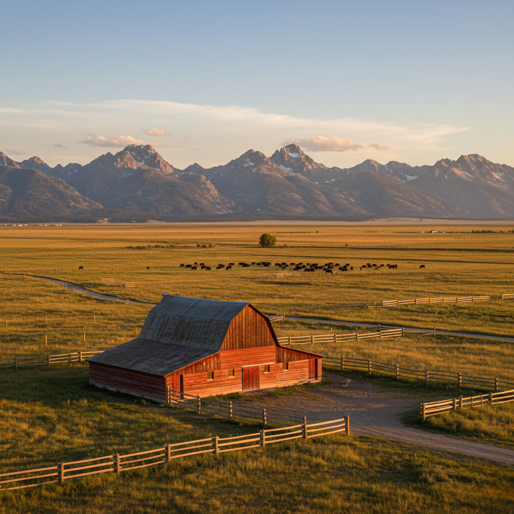 A rustic red barn with a metal roof on a grassy field, surrounded by a wooden fence, with a herd of cattle grazing in the distance, mountain range in the background under a clear sky.