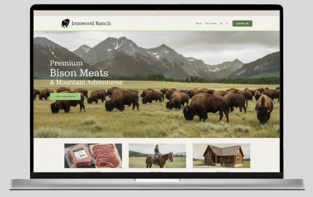 Screenshot of Ironwood Ranch website showing a landscape with bison grazing, and images of bison meat, a person riding a horse, and a wooden cabin.