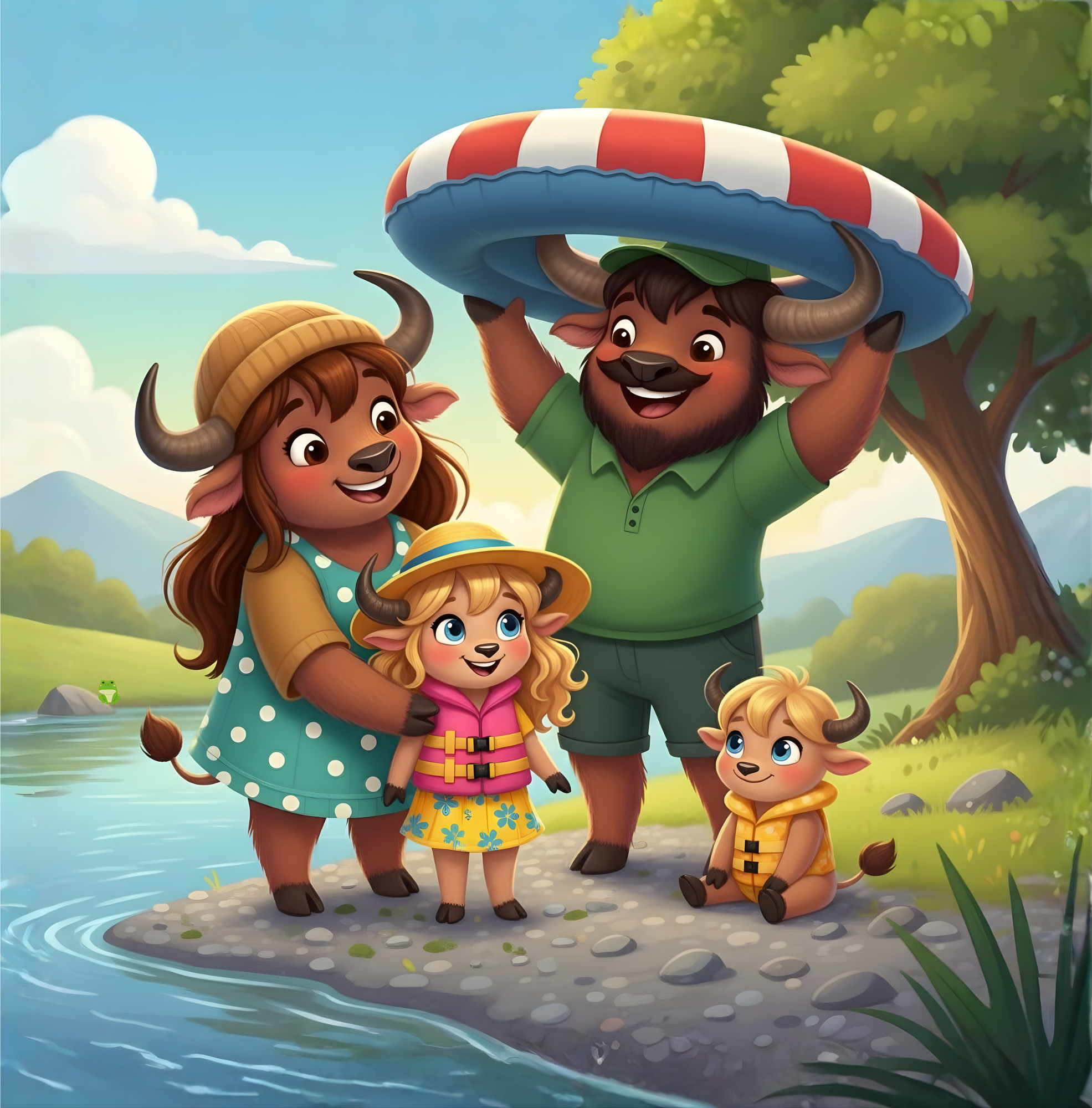 Cartoon family of anthropomorphic animals with buffalo features enjoying a day outdoors by a river, with a background of mountains, trees, and blue sky. They are smiling and wearing summer clothes, with the father holding a red and white striped float ring overhead.