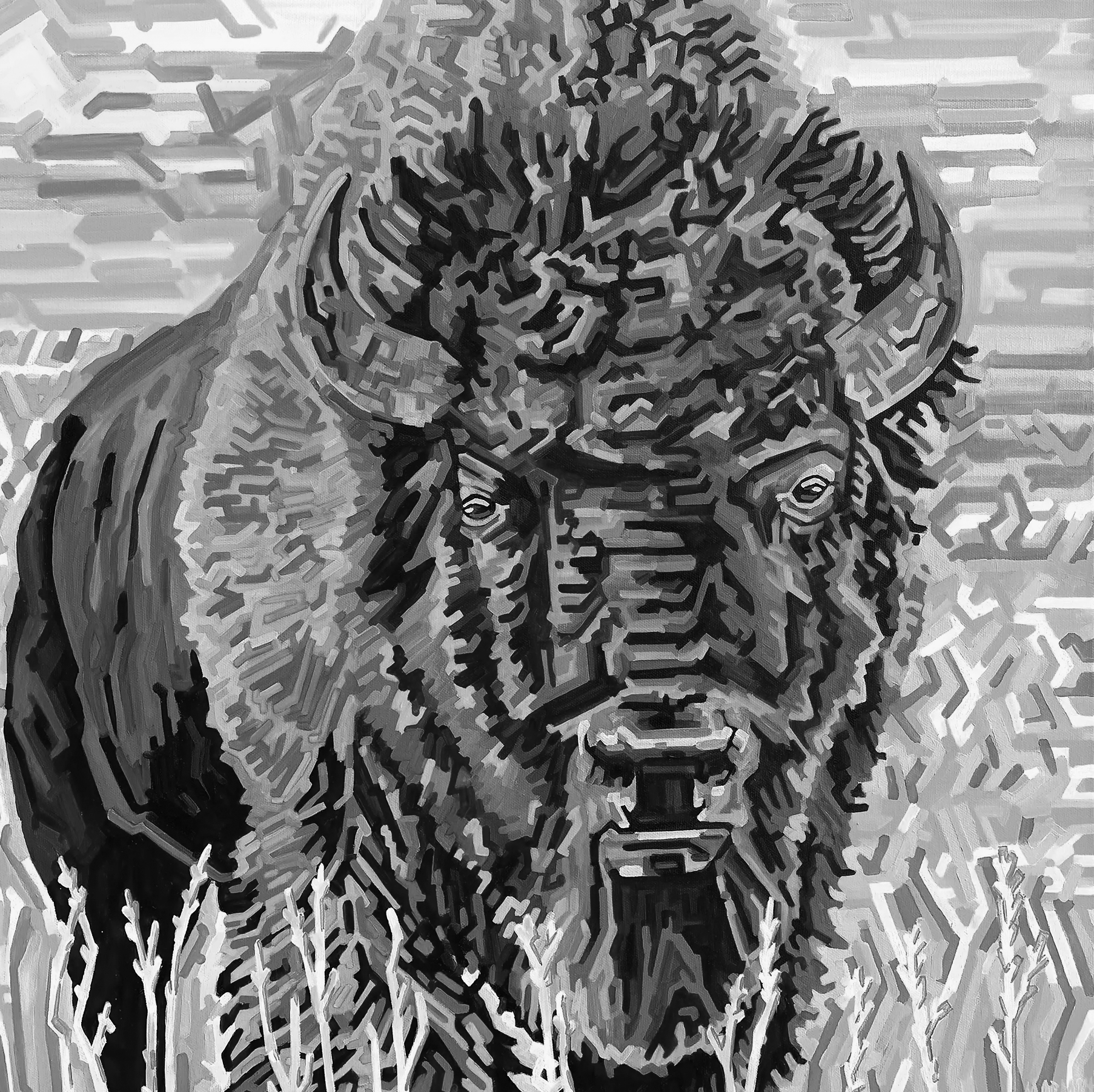 A black-and-white abstract painting of a lion's face with a detailed mane and expressive eyes.