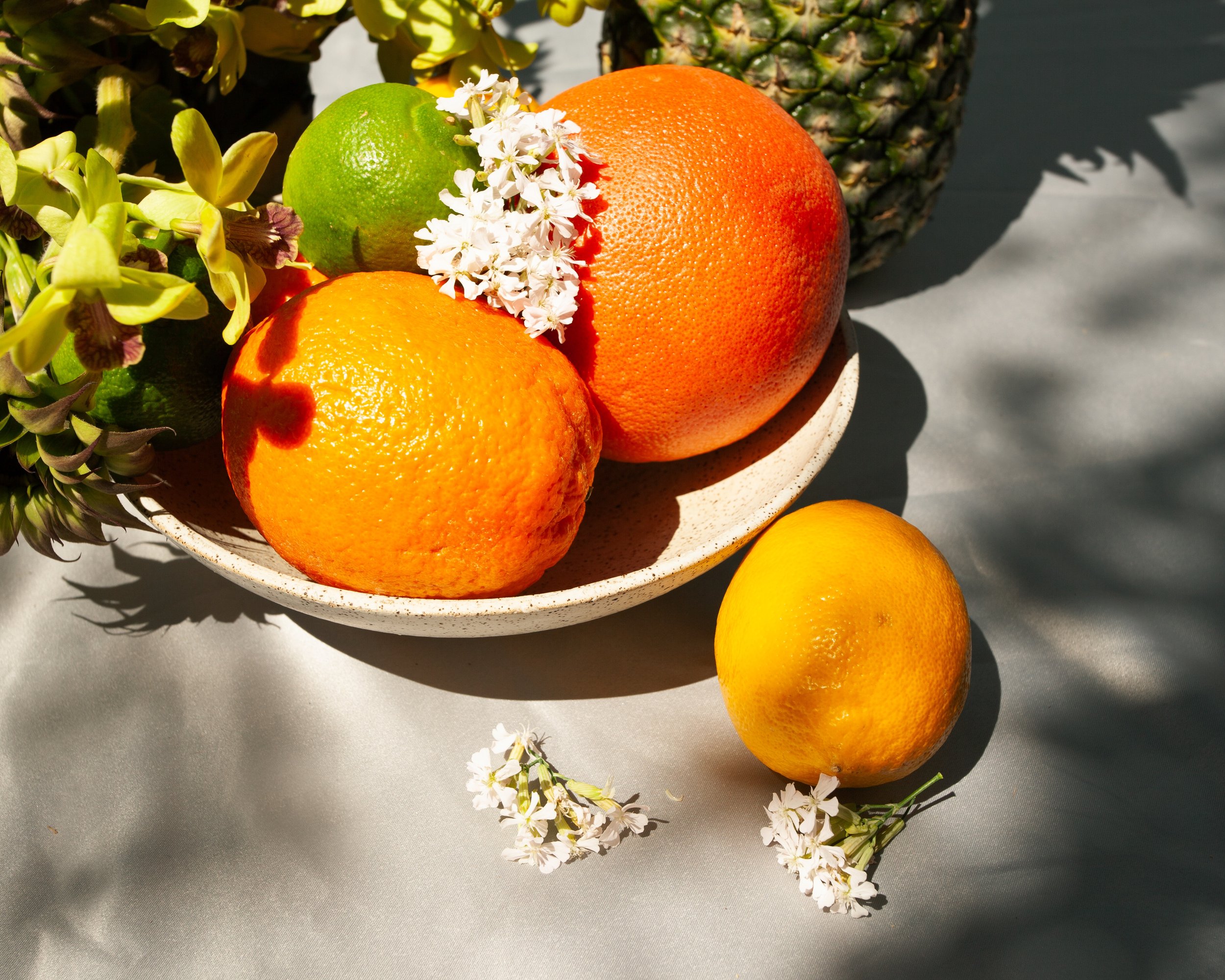 Still life of oranges, grapefruit, lime, pineapple, orchids, and white flowers in a ceramic bowl