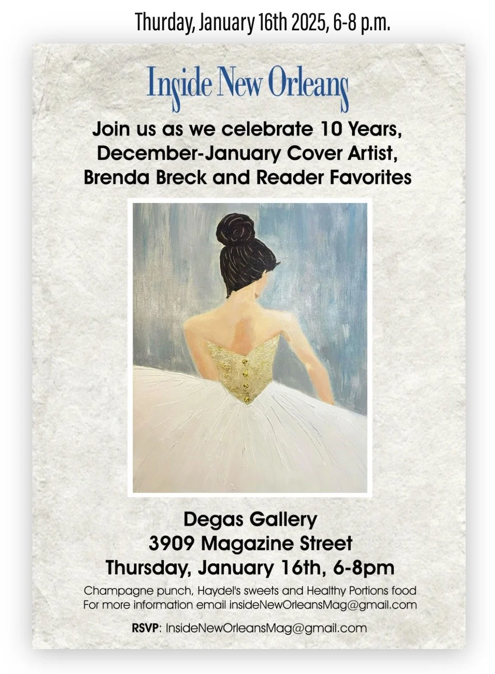 Event poster for a celebration of 10 years of Inside New Orleans, featuring a painting of a woman in a white gown with a gold bodice, facing away, with dark hair in a bun, set against a blue background.