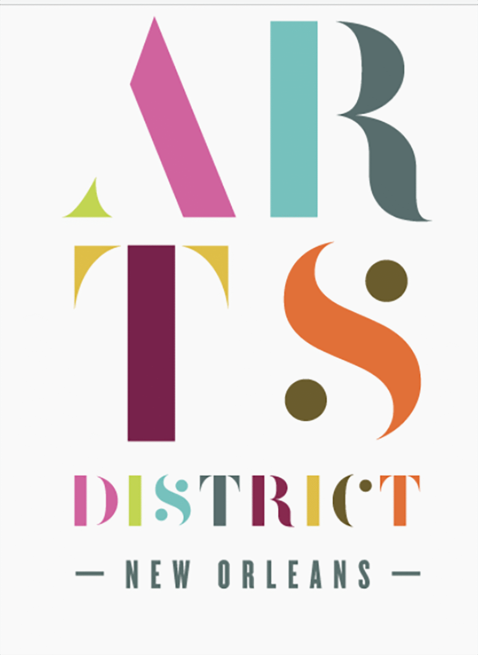 Colorful text spelling out 'ART DISTRICT' with the words 'NEW ORLEANS' underneath, representing the art district in New Orleans.