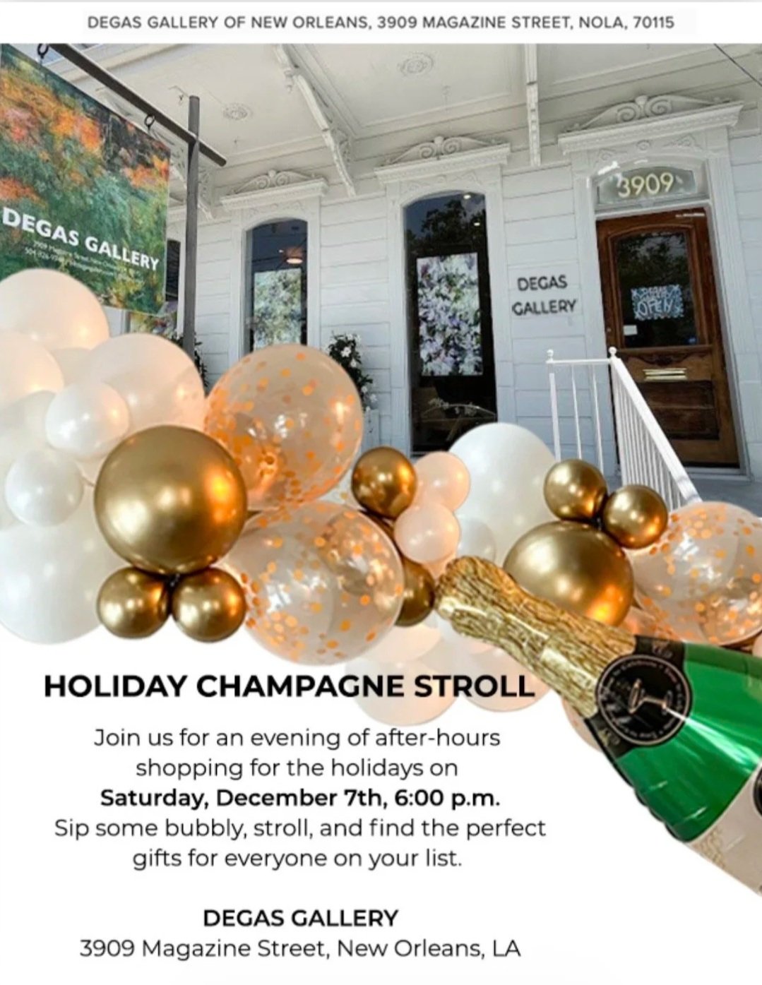 Invitation flyer for a holiday champagne stroll event at Degas Gallery in New Orleans, featuring balloons and a champagne bottle in the foreground with gallery details in the background.