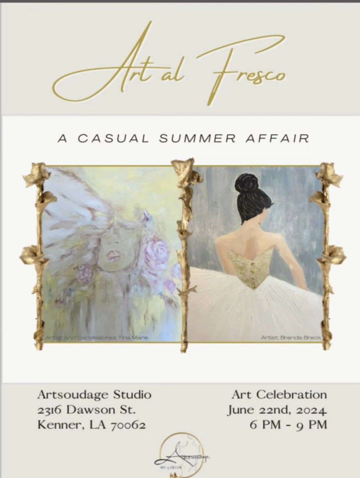 Event flyer titled "Art al Fresco," promoting a summer art celebration at Artsoudage Studio in Kenner, LA, featuring two paintings and event details including date, time, and location.
