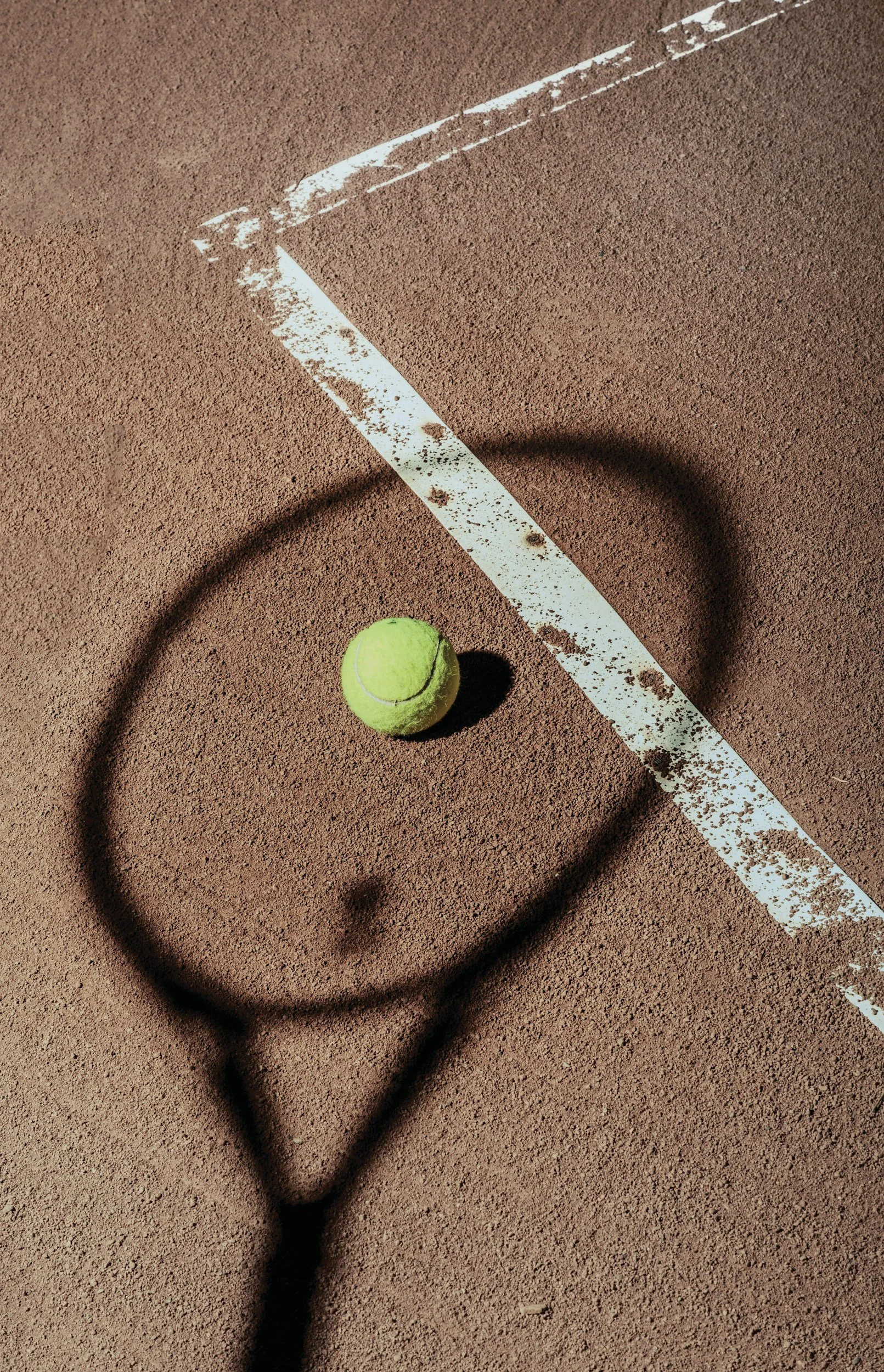 A close-up of a tennis court with a yellow tennis ball sitting inside a shadowed tennis racket outline. The court surface is reddish-brown with white lines, and part of a white court line is visible in the top right corner.