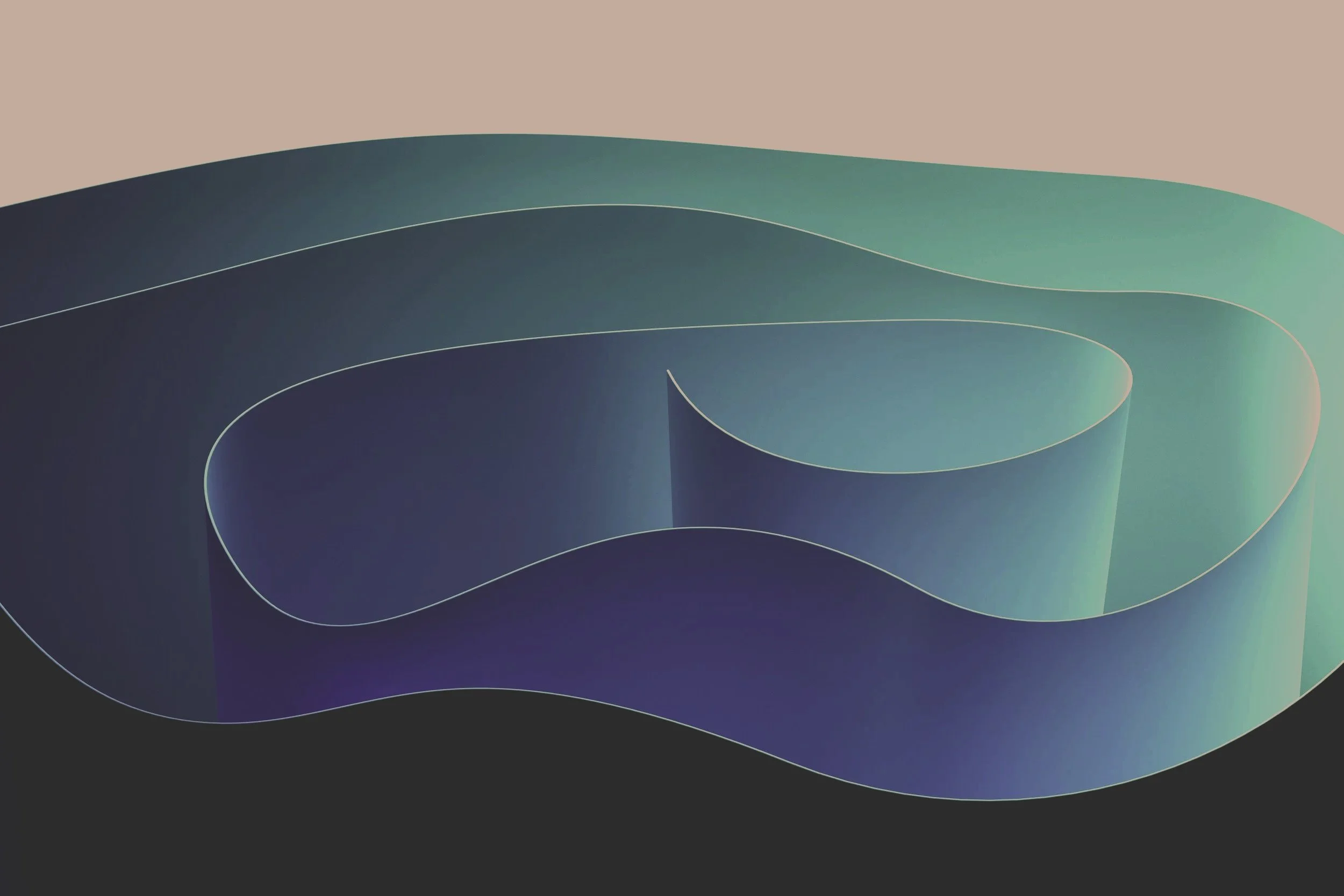 Abstract 3D curved ribbon with gradient colors from dark blue to light green on a dark background.