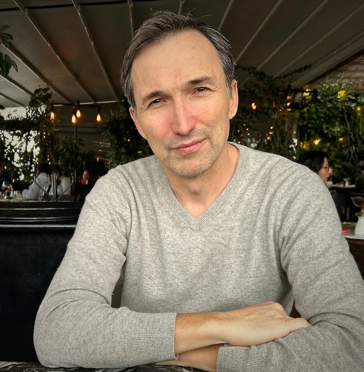 A man with dark hair and light skin wearing a gray sweater, sitting at a table in a restaurant with greenery and warm hanging lights in the background.