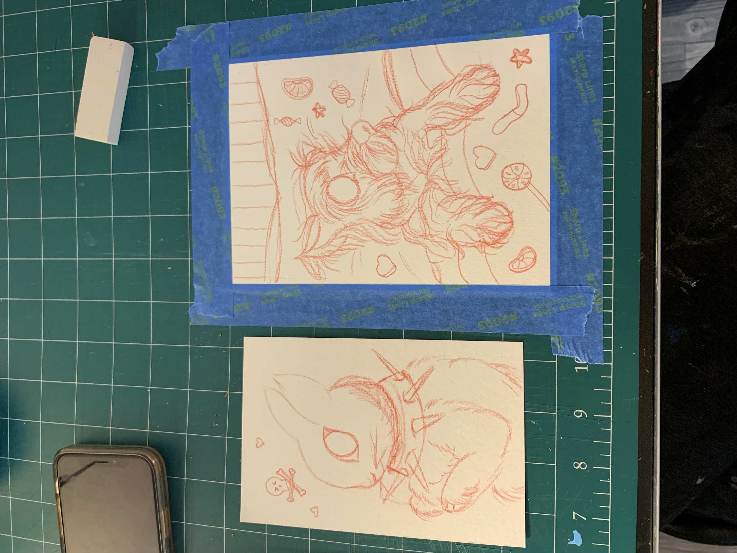 Line art sketches of two characters on different sheets of paper, one appears to be a dog with spiky hair and wearing a collar, and the other a small, chubby animal with large ears, surrounded by playful symbols like hearts, hearts with faces, and sm