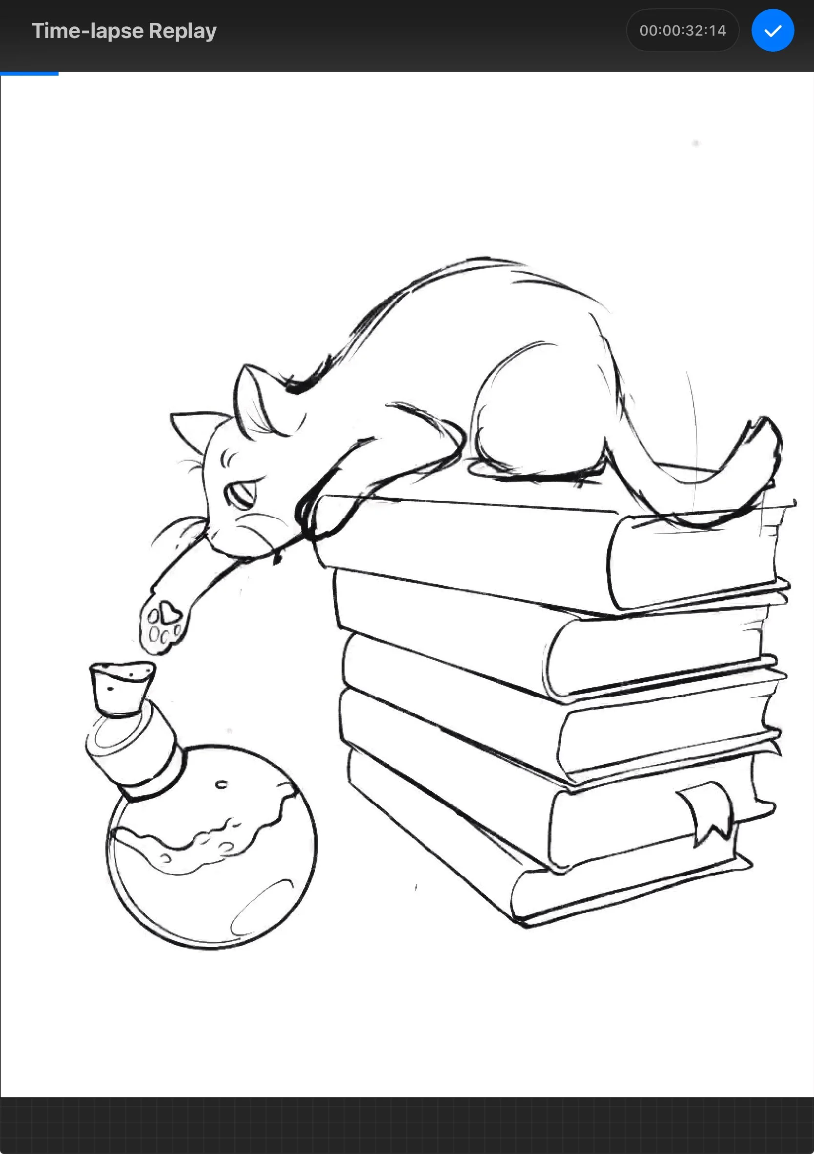 A line drawing of a cat sleeping on a stack of books, with a potion bottle nearby.