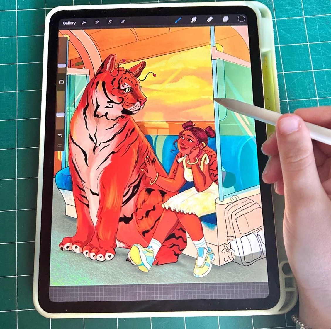 Digital illustration of a girl with tiger stripes sitting on a train seat, with a large tiger standing next to her, during sunset with warm colors in the background.