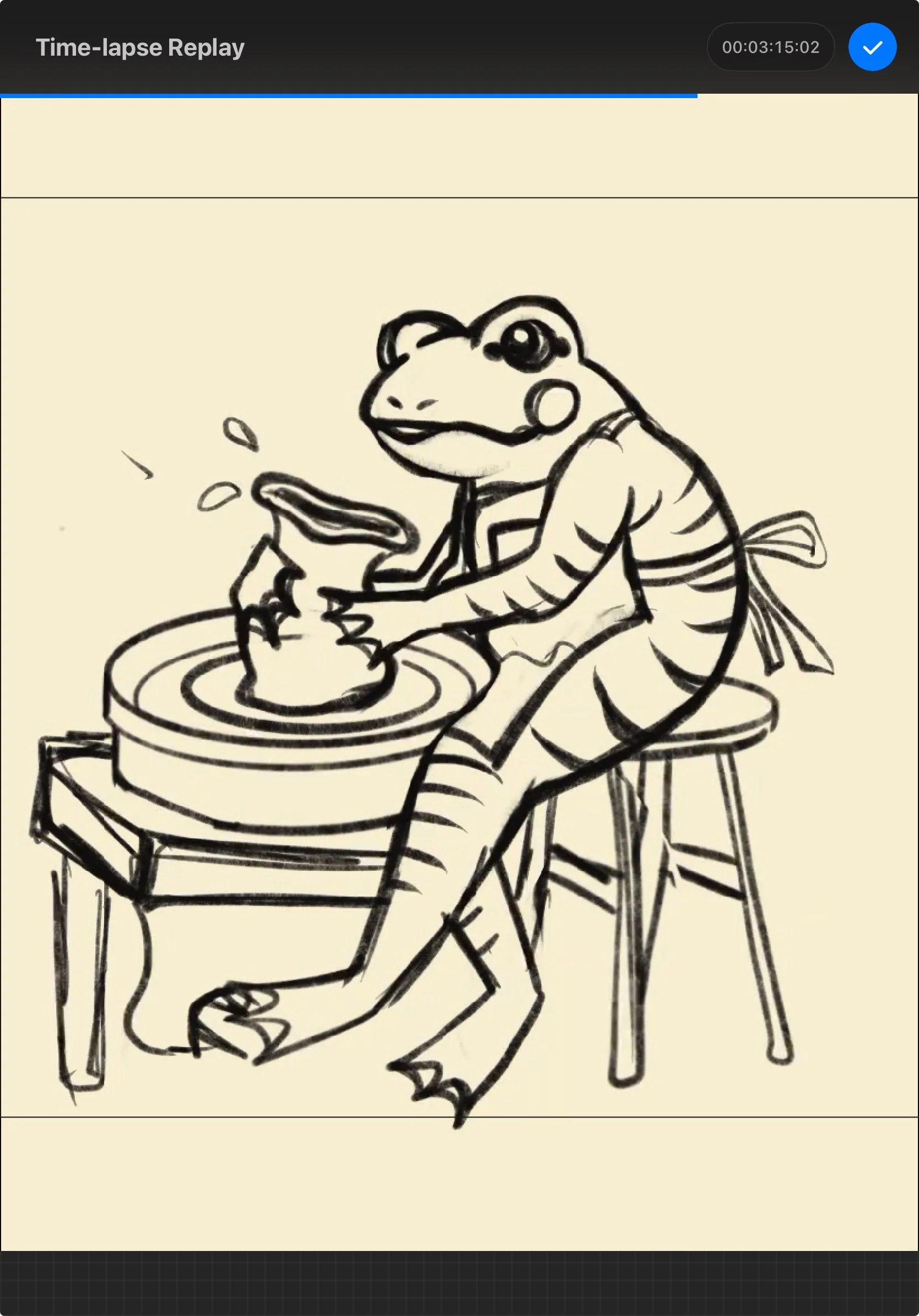 A WIP of a frog sitting on a stool at a pottery wheel, shaping clay with both paws, wearing an apron.