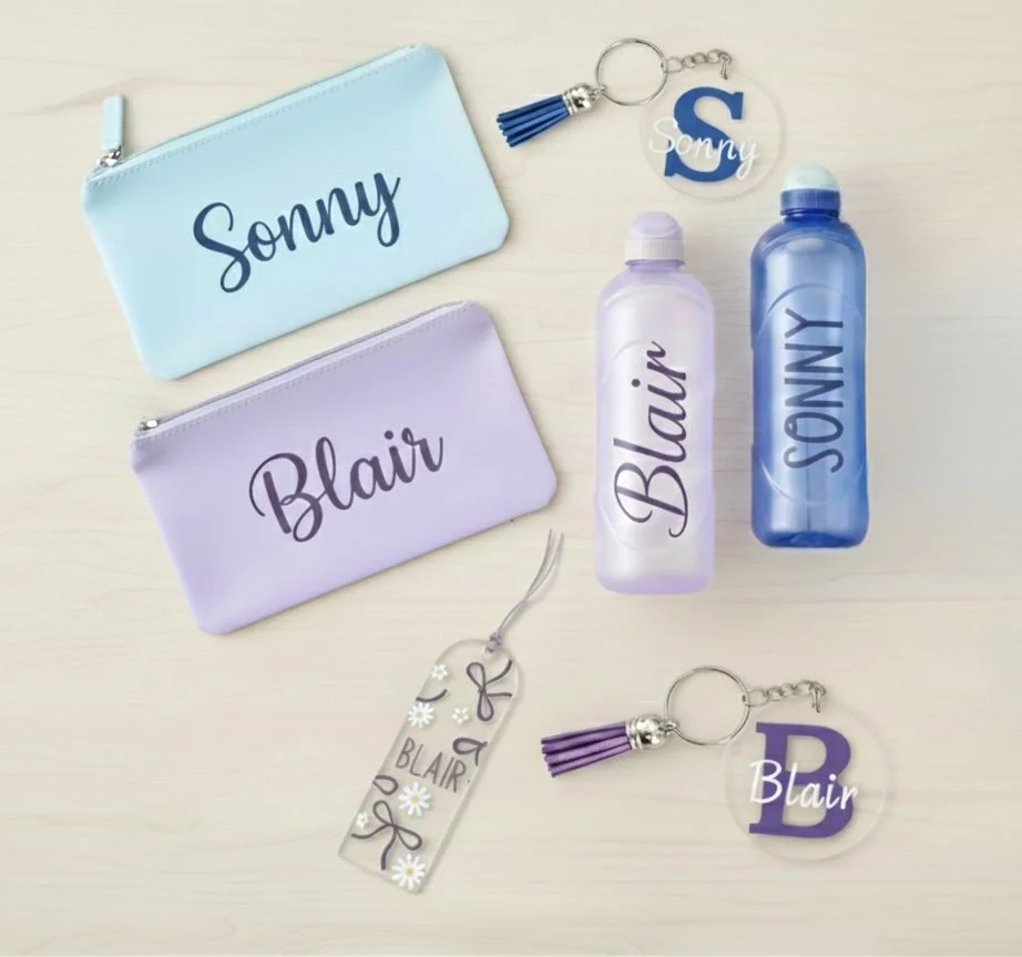 Back to school, personalised school items, pencil case, key ring, bookmark, personalised water bottle, prep, starting school, school 2026