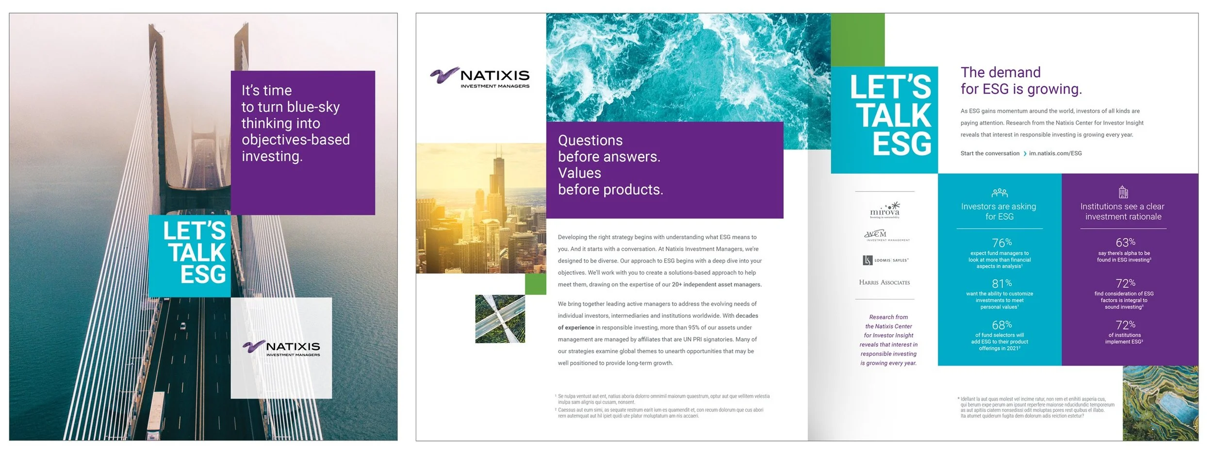 A tri-fold brochure titled 'Let's Talk ESG' with the subtitle 'The demand for ESG is growing.' It features images of a modern bridge, a city skyline at sunset, ocean waves, and a landscape. The brochure discusses the importance of ESG investing, presents statistics, and emphasizes the need for a values-based investment approach.