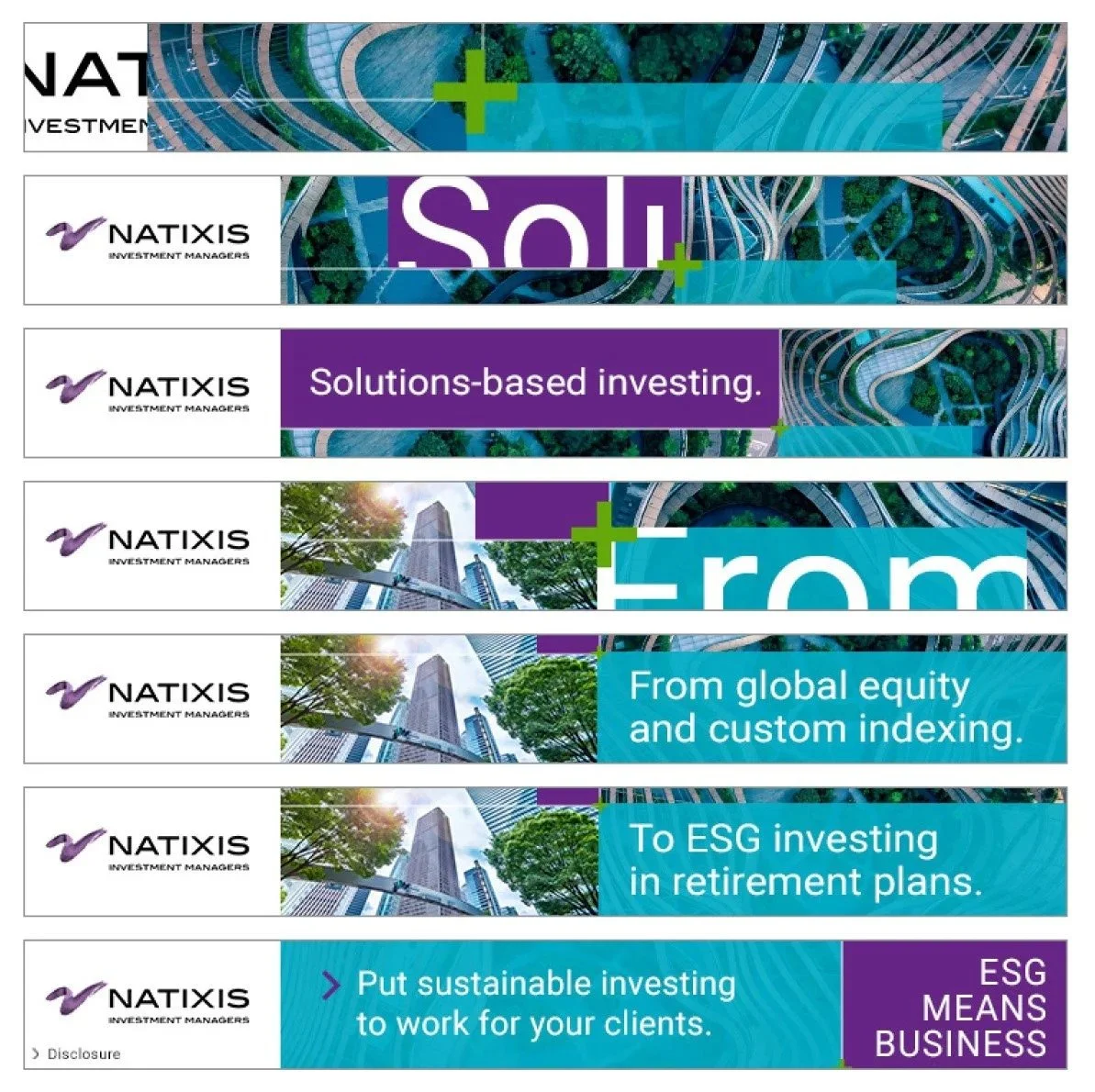 NATIXIS Investment Managers advertisement with colorful urban aerial view background. Text overlay: 'Solutions-based investing. From global equity and custom indexing. To ESG investing in retirement plans. Put sustainable investing to work for your clients. ESG means business.'