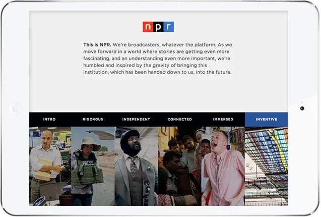 A tablet displaying NPR and NPR logo, with a text paragraph about NPR broadcasting, and a group of diverse people at the bottom in a collage format.