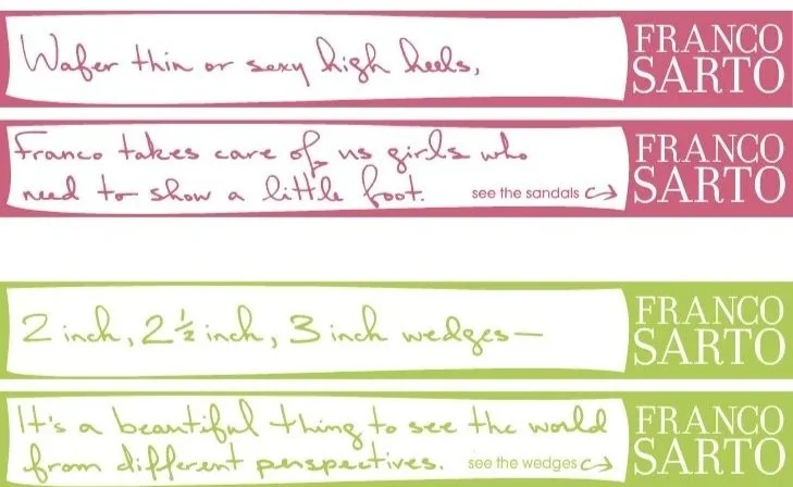 Notes with quotes about high heels and sandals, mentioning 2-inch, 2 1/2-inch, and 3-inch wedges, and describing them as beautiful from different perspectives, signed by Franco Sarto.