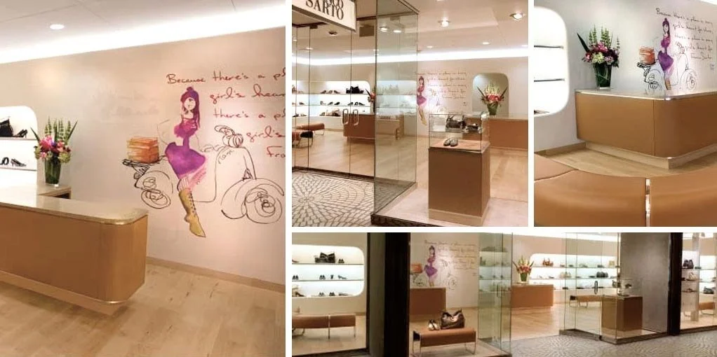 Multiple images of a shoe store interior with a mural of a girl in a purple dress sitting on a chaise lounge, flower arrangements, glass display cases with shoes, and a beige reception counter.
