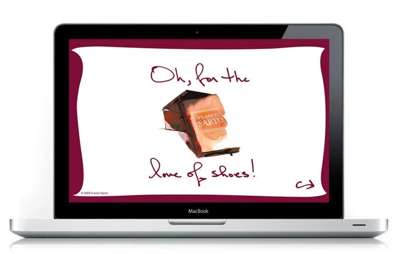 A MacBook laptop displaying a handwritten message about shoes and a shoe with a label that reads 'Franco Sarto'.