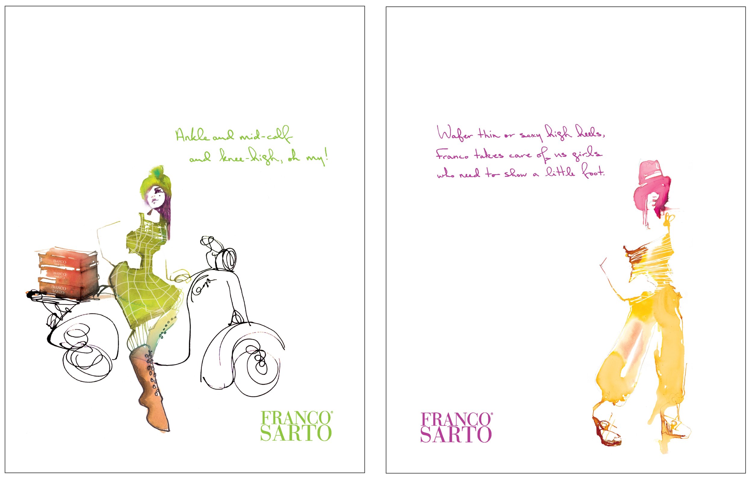 Two artistic fashion illustrations by Franco Sarto. The first is of a woman sitting on a scooter, wearing a green checkered dress, brown boots, and a green hat. The second is of a woman standing in a yellow outfit and pink hat. Handwritten notes describe footwear details, and the designer's name appears in green and pink at the bottom of each side.