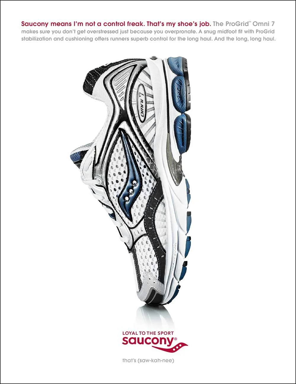 A Saucony athletic shoe in white, black, and blue colors with a focus on the sole and side panel, marketed as a supportive and cushioned running shoe.