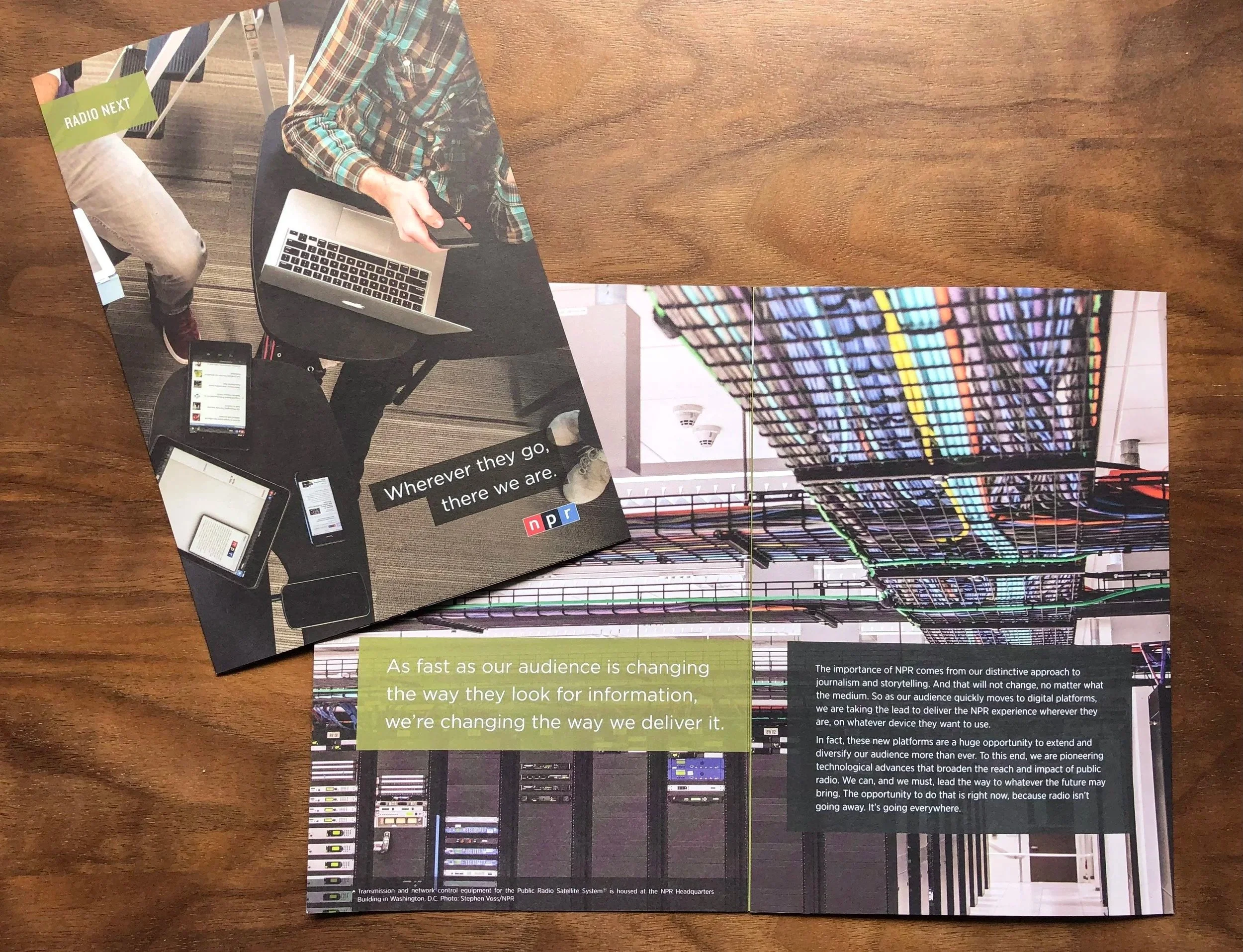 Two printed materials, one showing people with laptops and smartphones, and the other showing a digital server room, with text about NPR and digital media.