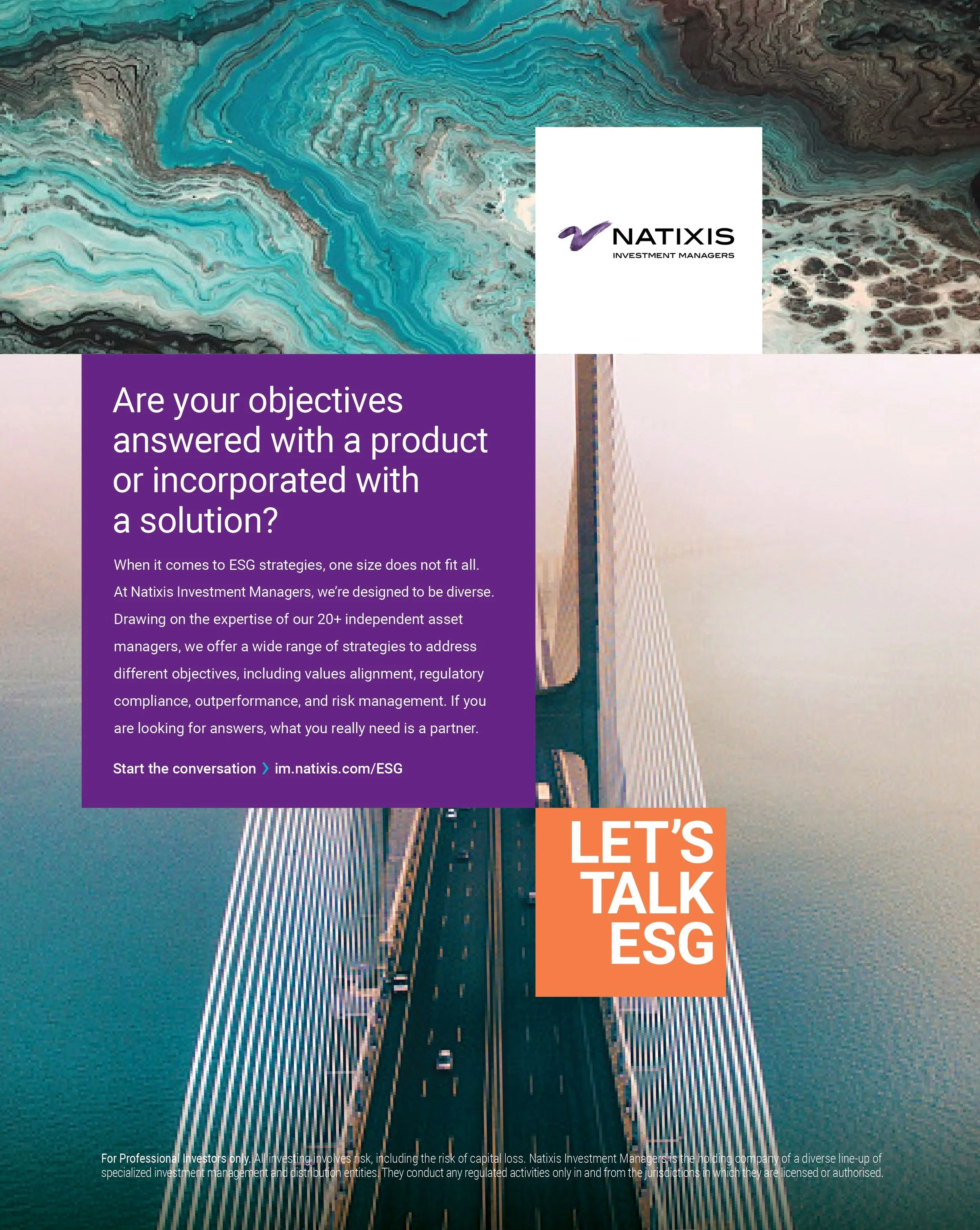 Aerial view of a bridge over a body of water with abstract swirling blue and gray patterns.