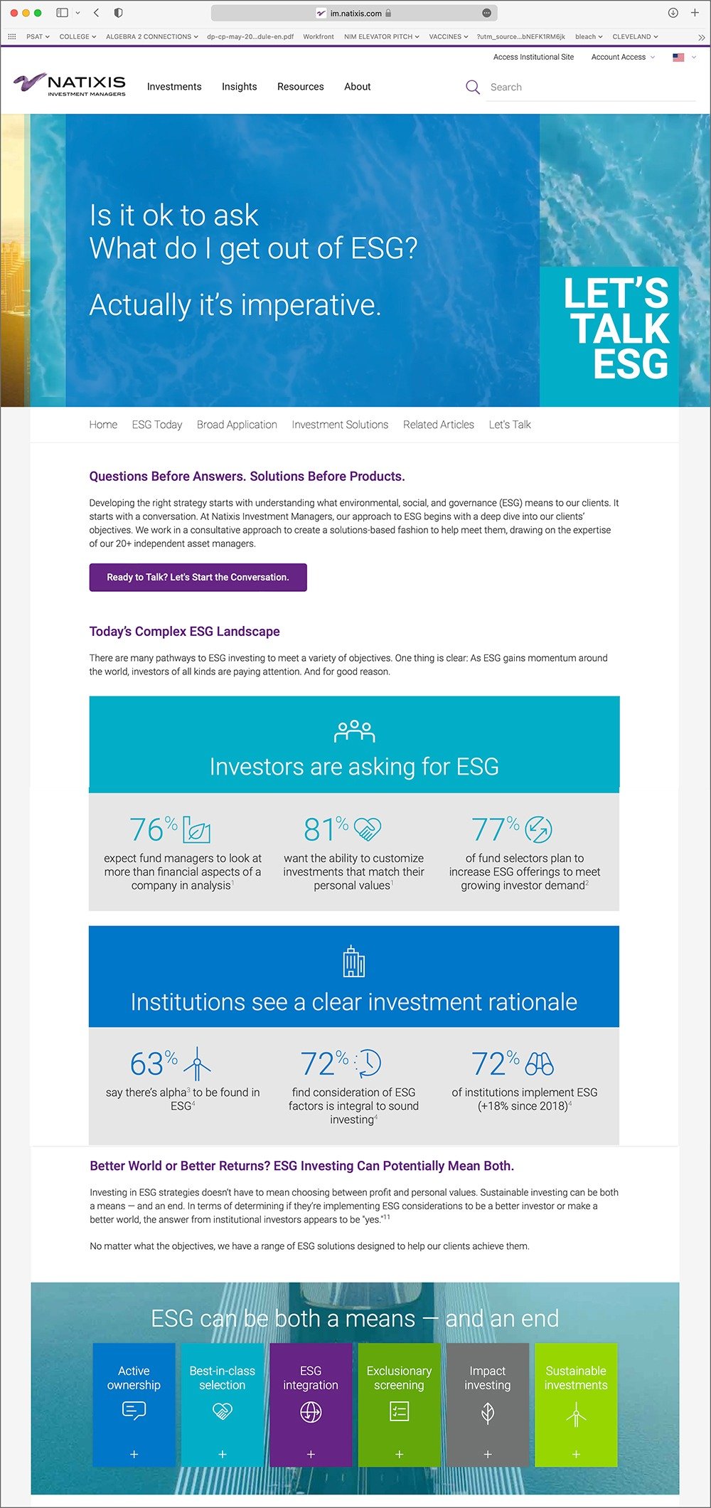 A webpage from Natixis Investment Managers discussing ESG investing, with sections about ESG landscape, investor questions, and solutions, featuring statistics and colorful icons.