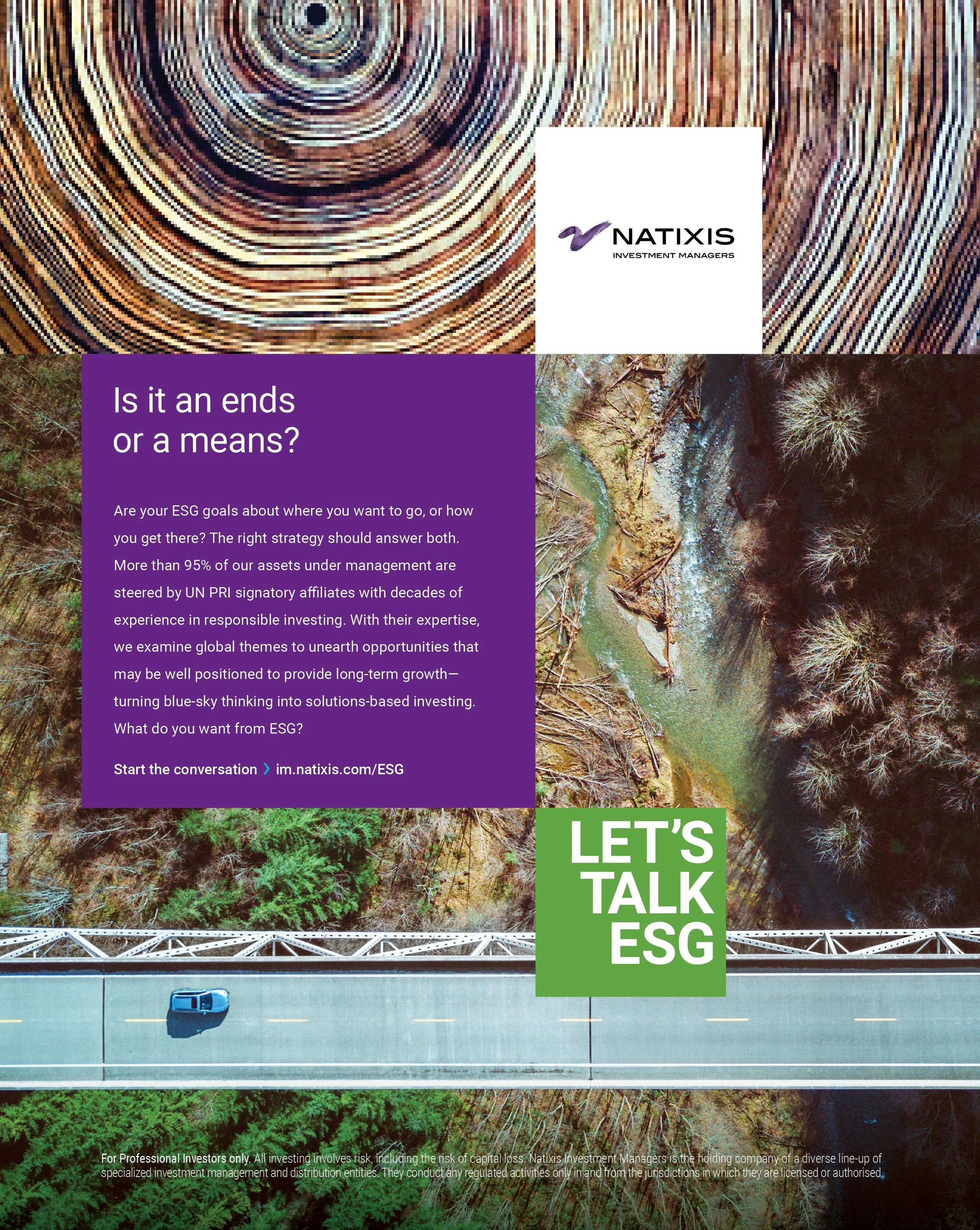 Aerial view of a bridge over a river and forest, with text promoting ESG investment and responsible investing by Natixis Investment Managers.