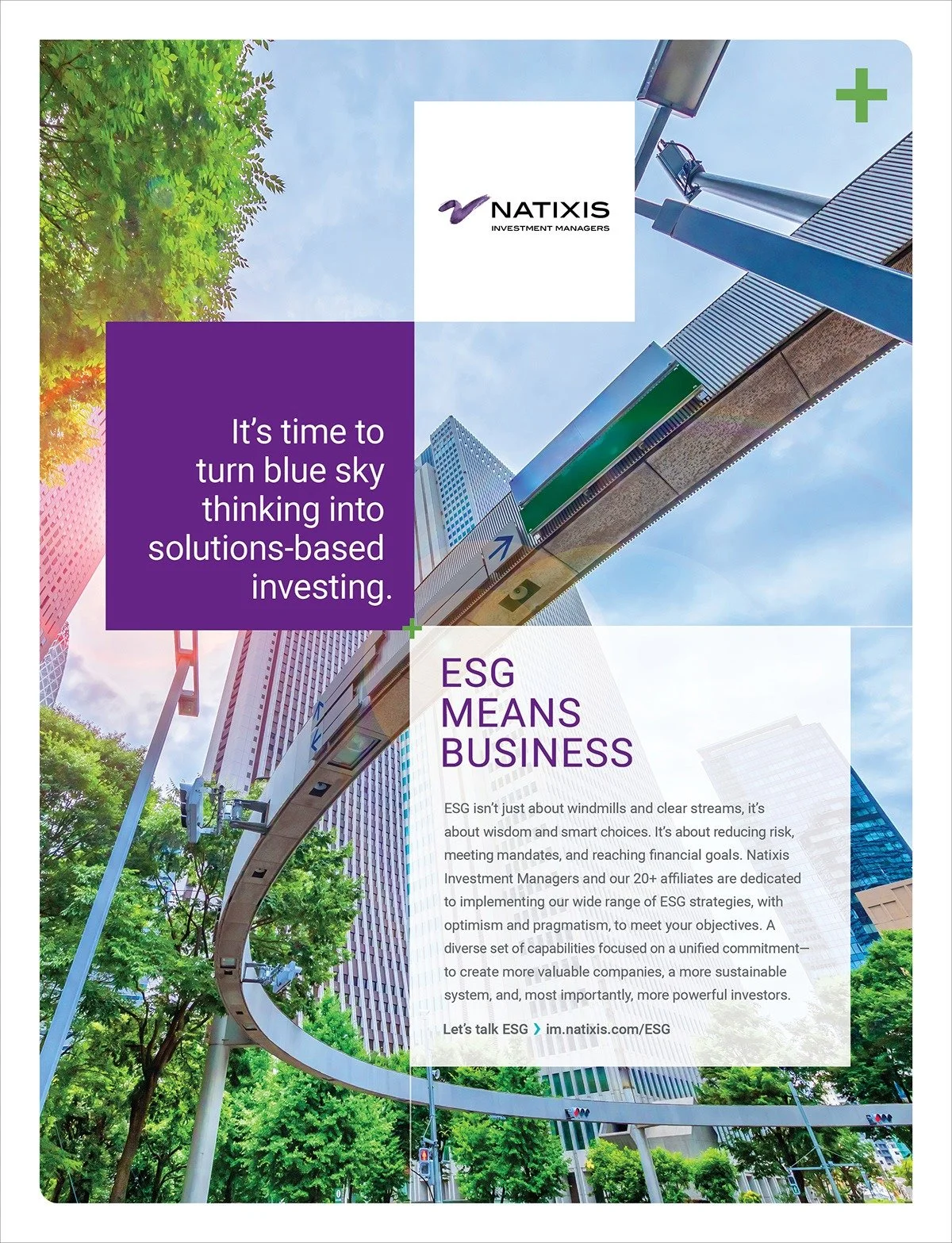 A tall cityscape with modern skyscrapers, a green tree, and an elevated train track or bridge, with a bright blue sky in the background. Text overlay promotes ESG (Environmental, Social, and Governance) investing by Natixis Investment Managers.