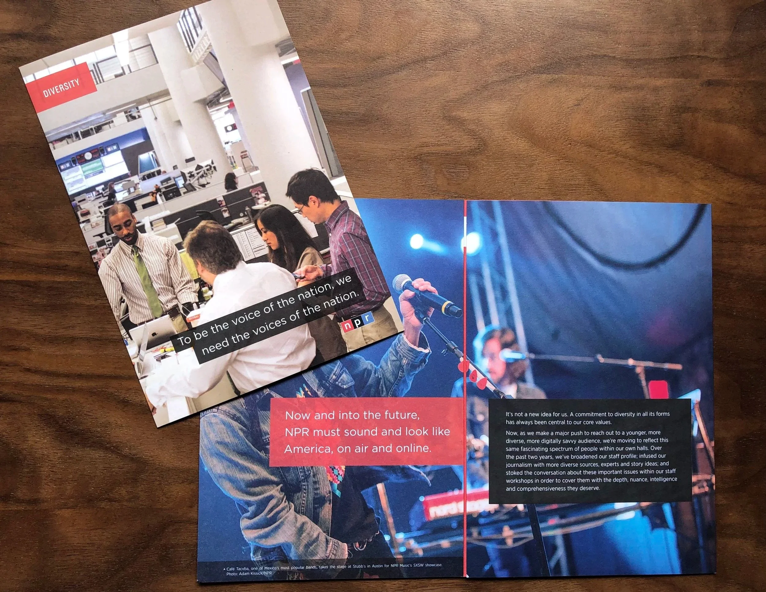 Two pamphlets lying on a wooden surface. One shows a diverse group of people in a modern office, with text about democracy and NPR. The other shows a performer with a microphone on stage, with text about NPR's commitment to diversity and reaching a digital audience.