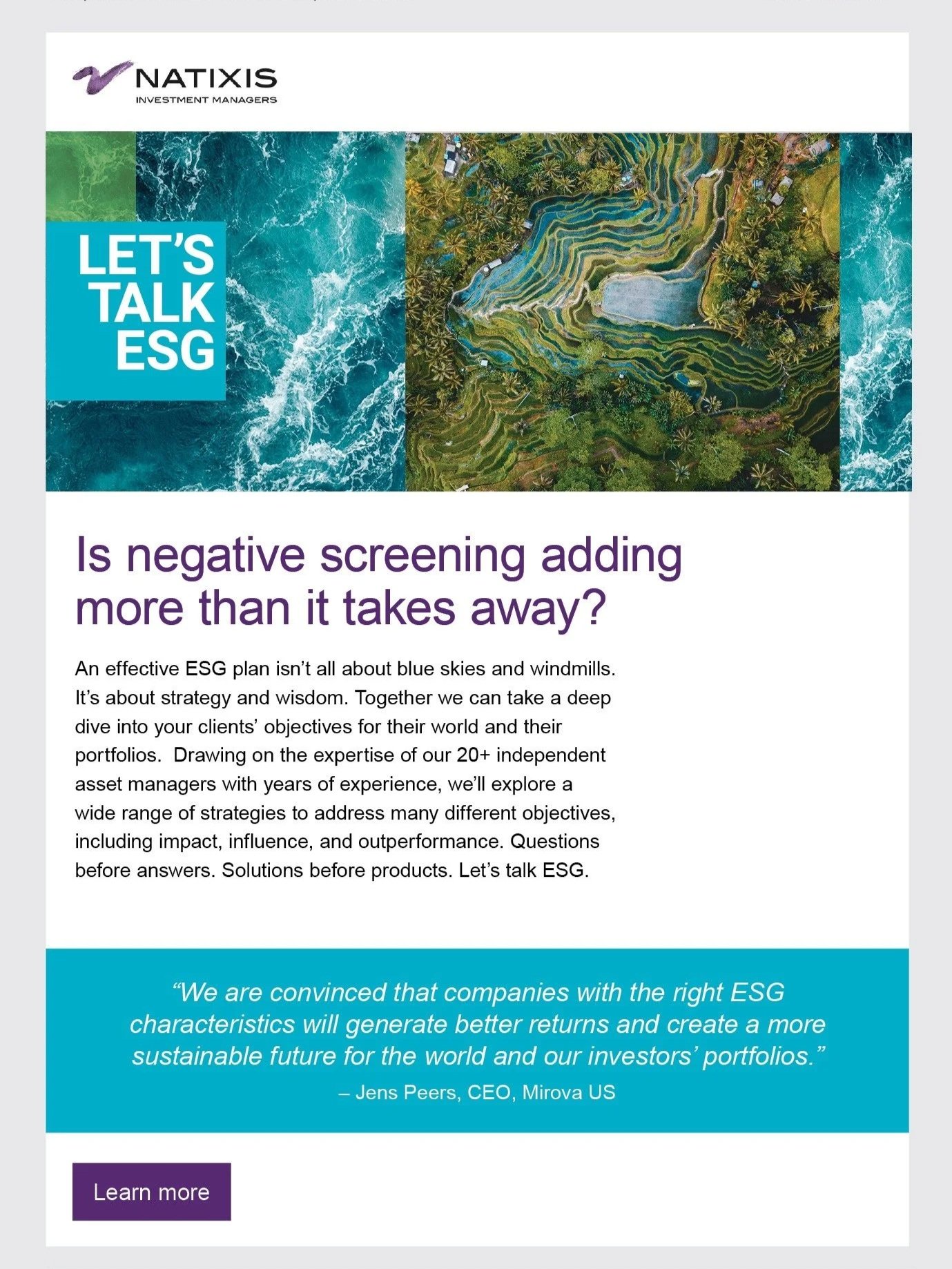 Brochure cover from Natixis Investment Managers titled "Let's Talk ESG" with an aerial photo of rice terraces and ocean waves.