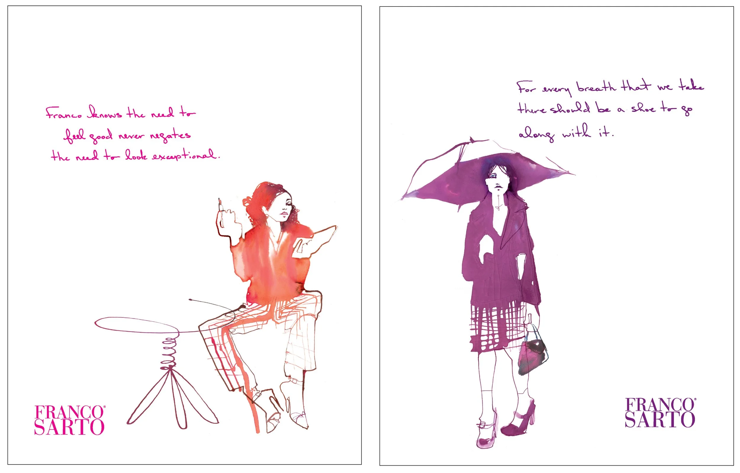 Two fashion illustrations, one of a woman sitting with a guitar and reading, and another of a woman standing with an umbrella and purse, both with handwritten notes and the designer's name 'Franco Sarto' in pink and purple.