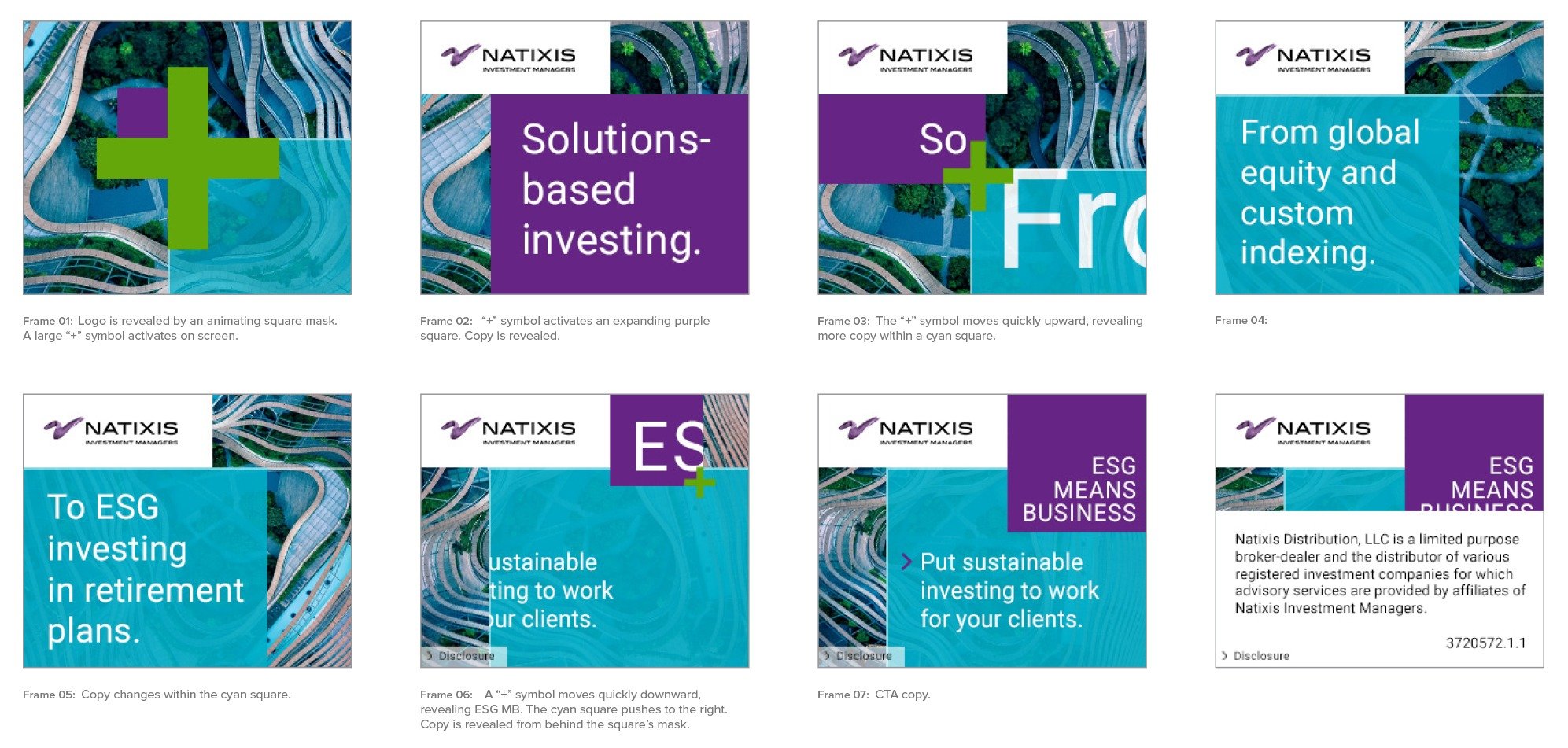 A series of slides showing a corporate presentation for Natxis Investment Managers. The slides include animated logo reveal with square masks, purple and cyan colored text, and messages about sustainable investing, ESG investment plans, and related services with background images of modern architectural structures.