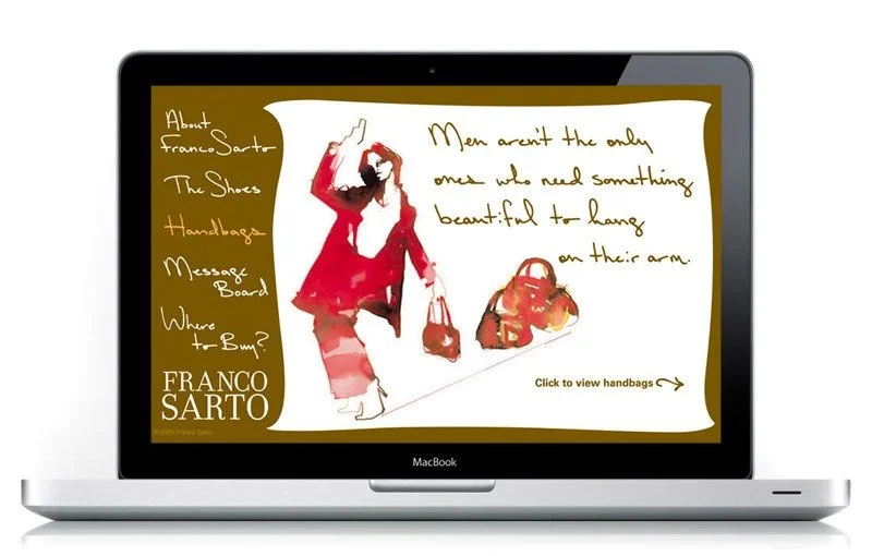 Laptop screen displaying a fashion website with a drawing of a woman in red holding handbags and a quote about handbags. Handwritten menu on the left lists 'About Franco Sarto,' 'The Shoes,' 'Handbags,' 'Message Board,' 'Where to Buy?' The website name is 'FRANCO SARTO' and includes a clickable link to view handbags.