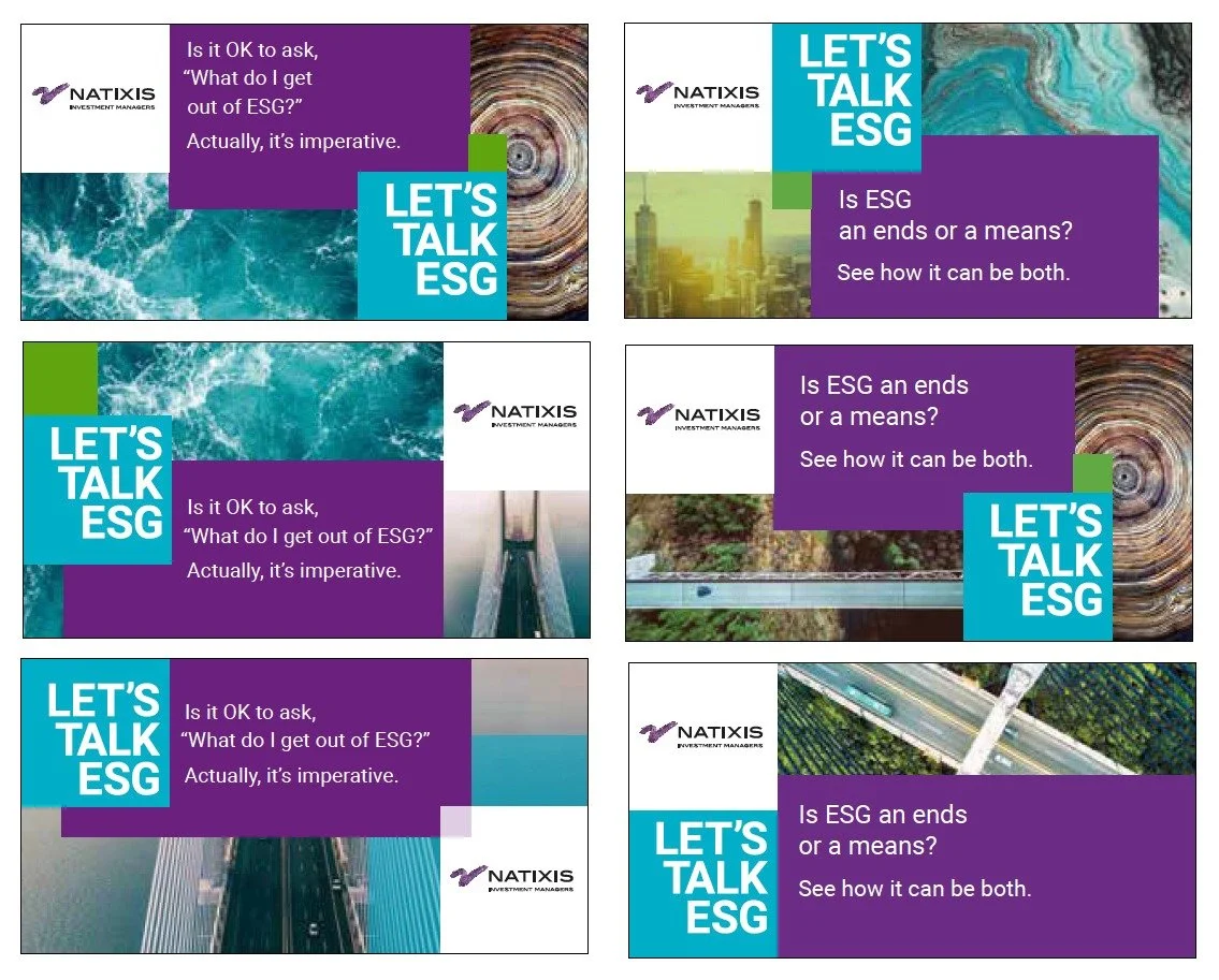 A collage of six panels promoting a discussion on ESG questions by Natixis Investment Managers. Each panel features a mix of images, such as waves, cityscapes, a bridge, and abstract patterns, with purple, cyan, and green color blocks containing text questioning if ESG is an end or a means.