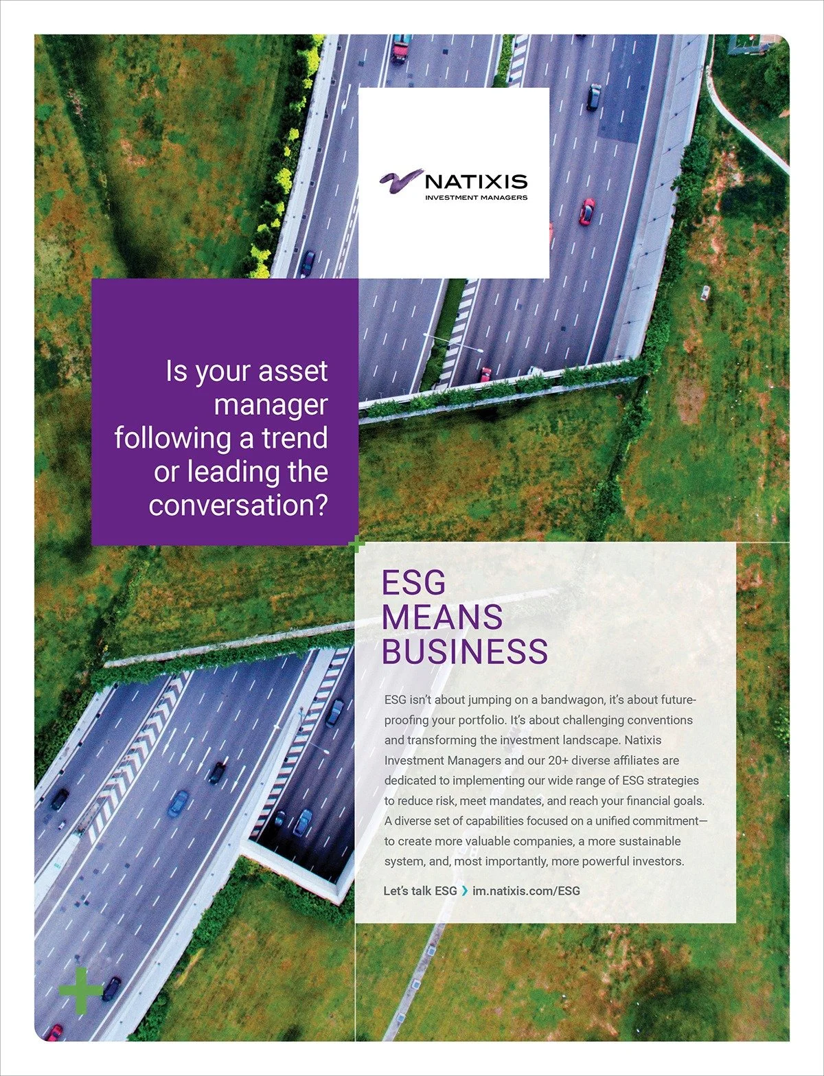 Aerial view of a highway with several cars, bordered by green grass and trees, with superimposed text and company logo promoting investment management and ESG principles.