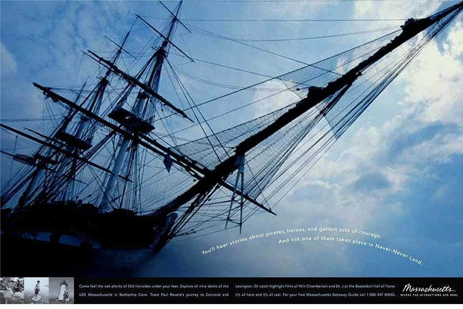 Photo of a tall ship with masts and rigging against a cloudy sky, with a caption about pirates and a message promoting Massachusetts tourism.