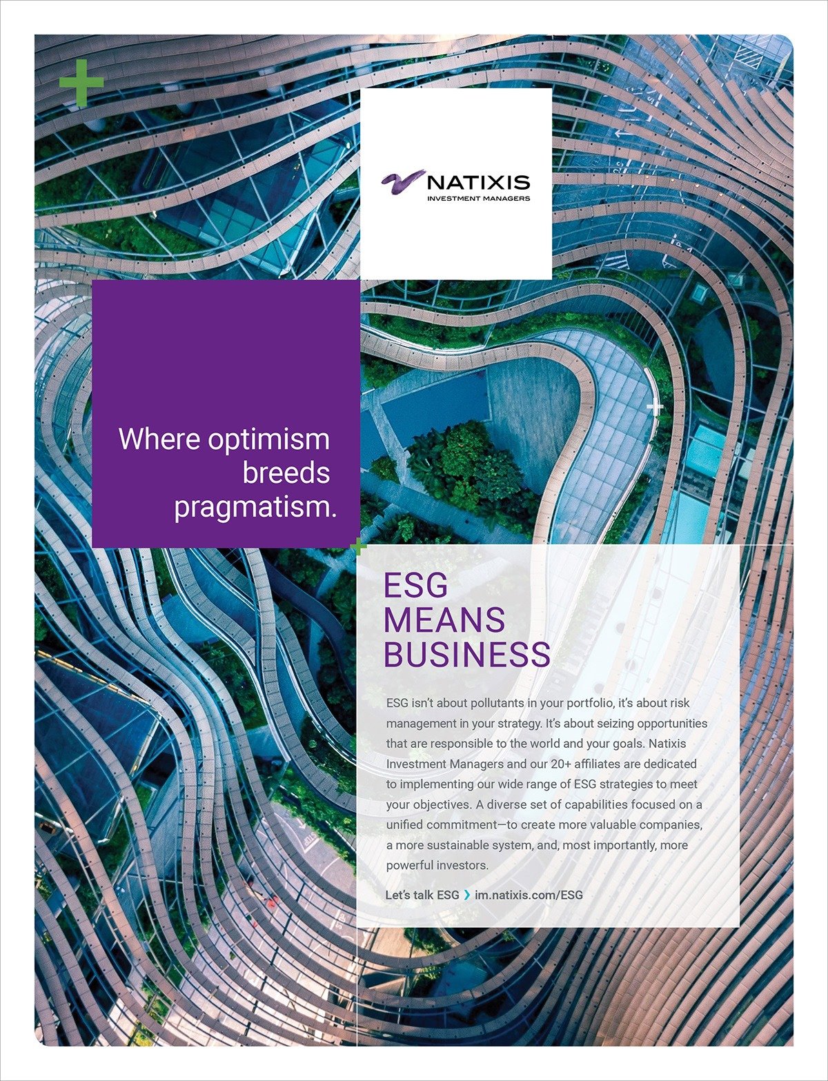 Aerial view of a modern building with winding, layered architecture surrounded by greenery, promoting Natixis Investment Managers' ESG business.