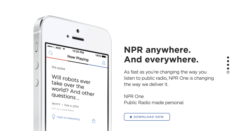 A smartphone displaying the NPR app with a podcast titled "Will robots ever take over the world? And other questions..." and text describing NPR's mobile app with a "Download Now" button.