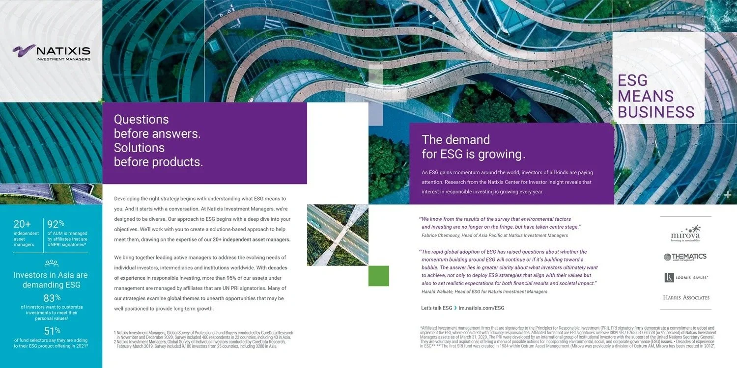 A corporate infographic from Natixis Investment Managers discussing ESG (Environmental, Social, and Governance) investing. The background features aerial views of modern, curving office buildings and green space. Text highlights questions to consider before investment decisions, the growing demand for ESG, and the importance of understanding ESG strategies.