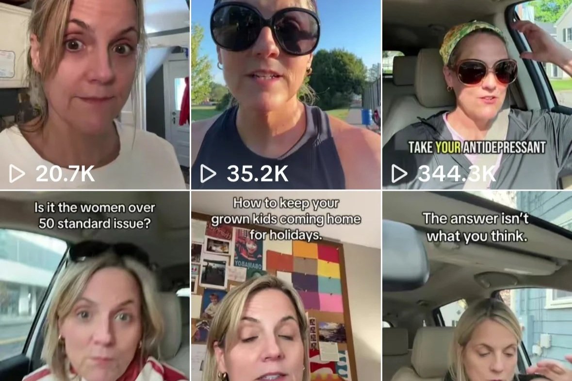 Six women appear in video thumbnails, some inside cars and one outdoors, discussing various topics including mental health and parenting.