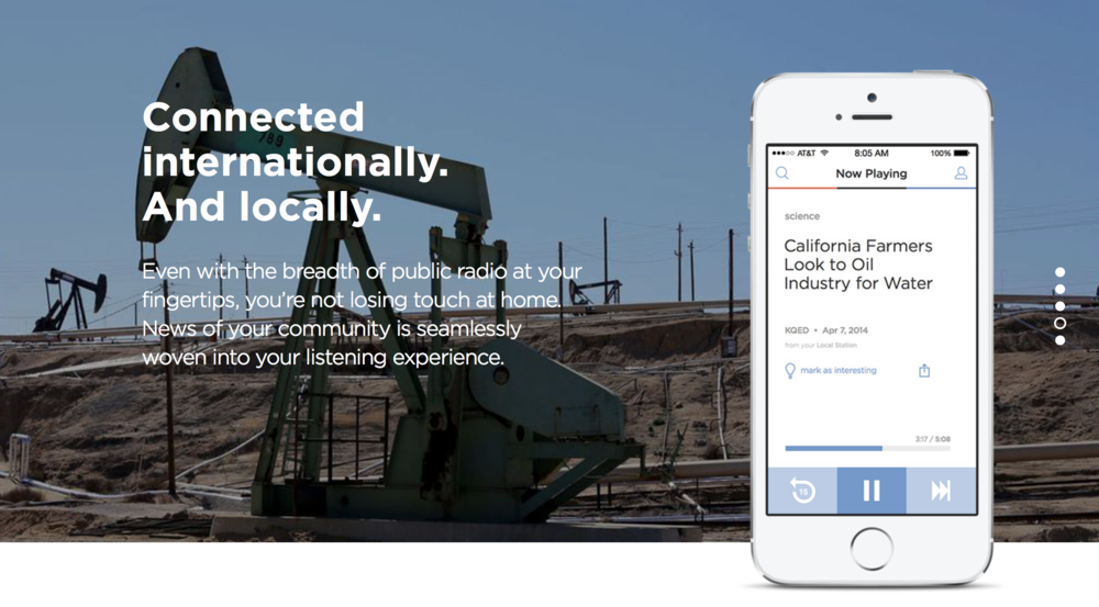 An oil drilling rig in a desert landscape with a smartphone displaying a radio app and news articles about California agriculture and water industry.