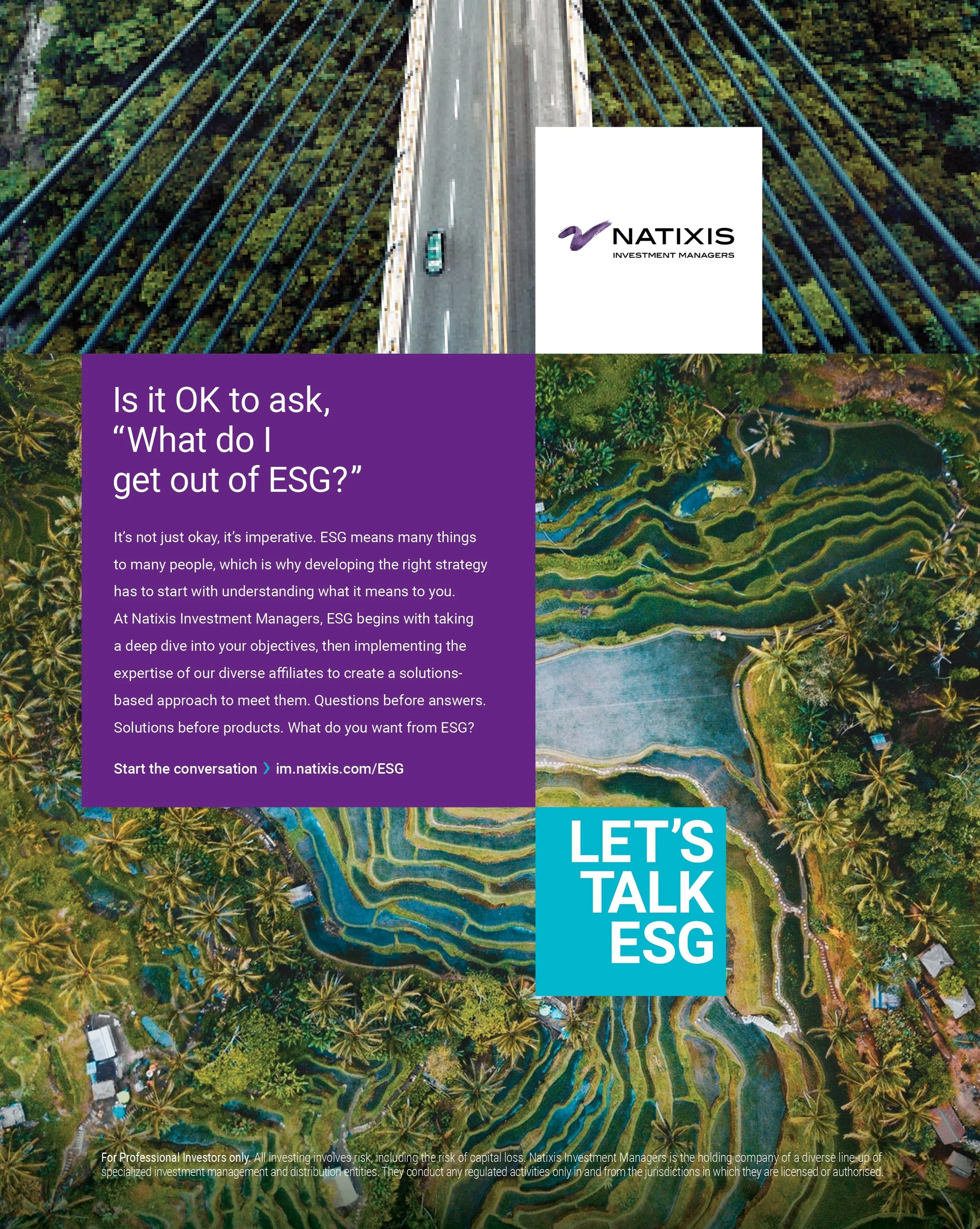 An aerial view of a bridge over a lush green landscape with rice terraces, alongside a riverbank and palm trees. Overlaid is a purple text box with the message ‘Is it OK to ask,