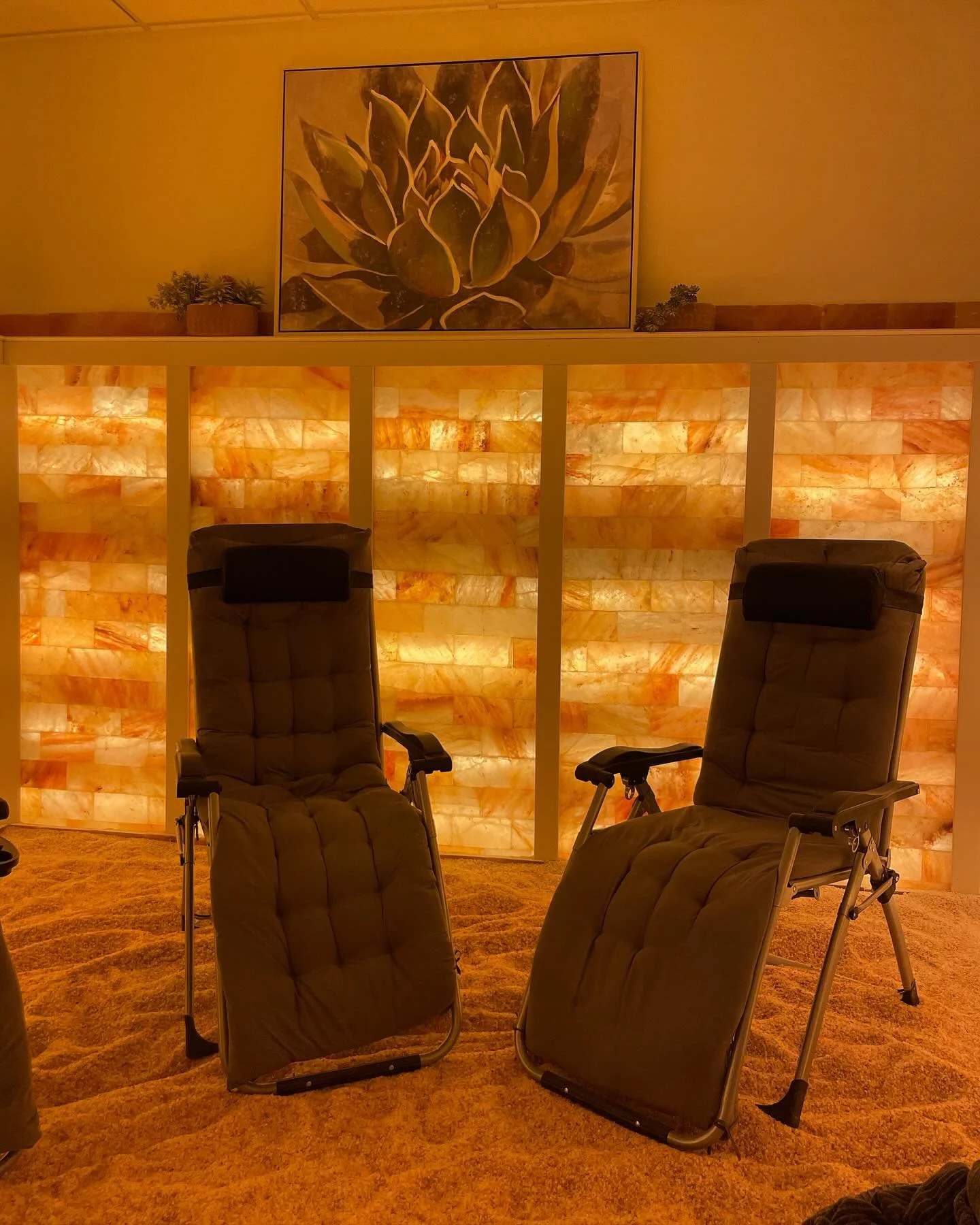 Two cushioned massage chairs in a room with warm lighting, salt lamp wall backdrops, and a framed botanical painting of a succulent plant on the wall.