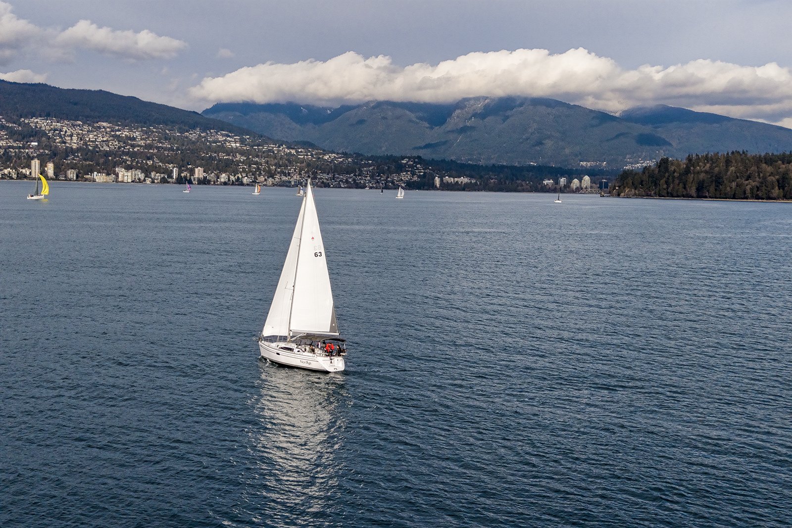 Sailboat with white sails on a calm body of water, with a city and mountains in the background under partly cloudy skies.