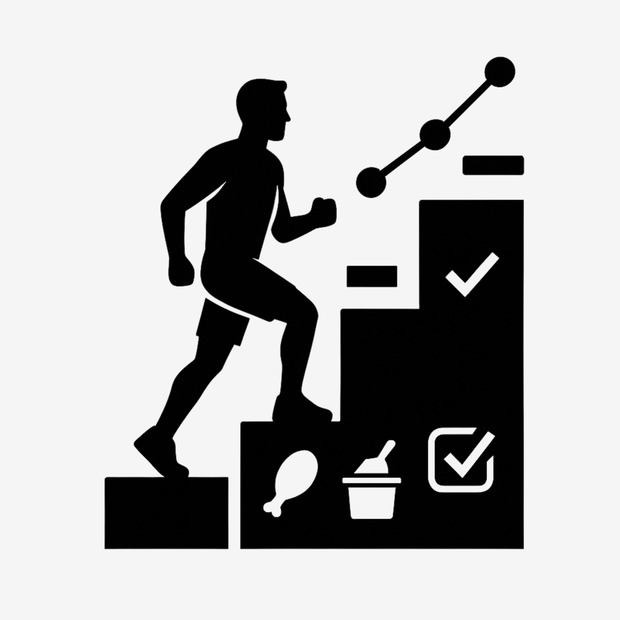 A silhouette of a person climbing stairs towards a bar chart with a rising trend line, symbolizing progress or success.