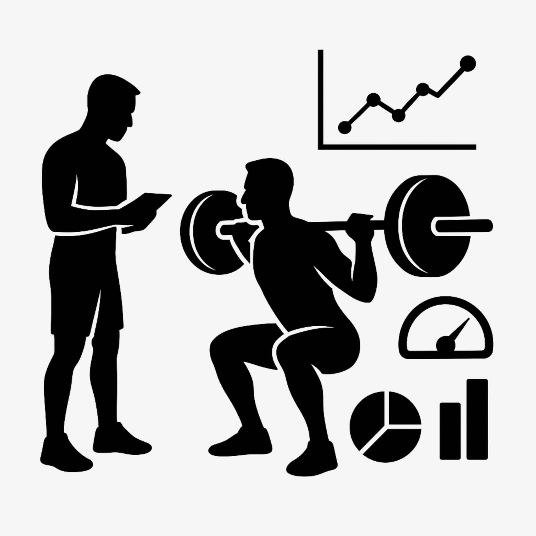 Silhouettes of a man squatting with a barbell and another standing man holding a clipboard, with a line graph, stopwatch, pie chart, and bar chart in the background.