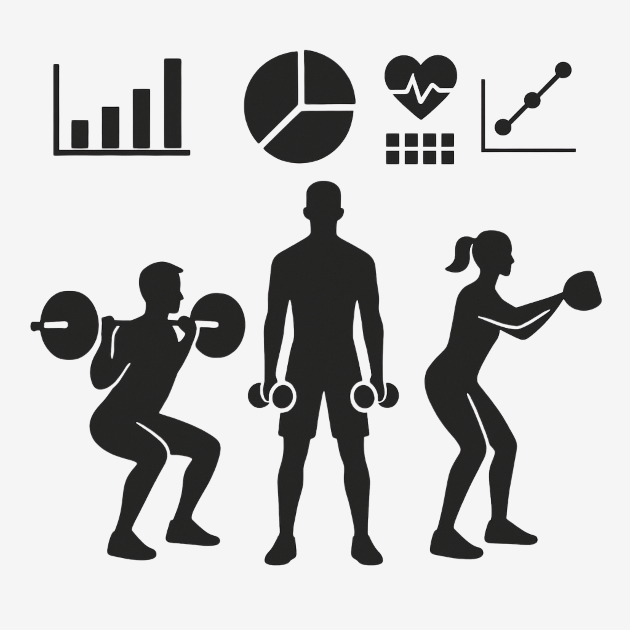 Silhouettes of a man and two women exercising with weights, with various fitness and health icons above, including graphs, pie chart, heart rate, and line chart.
