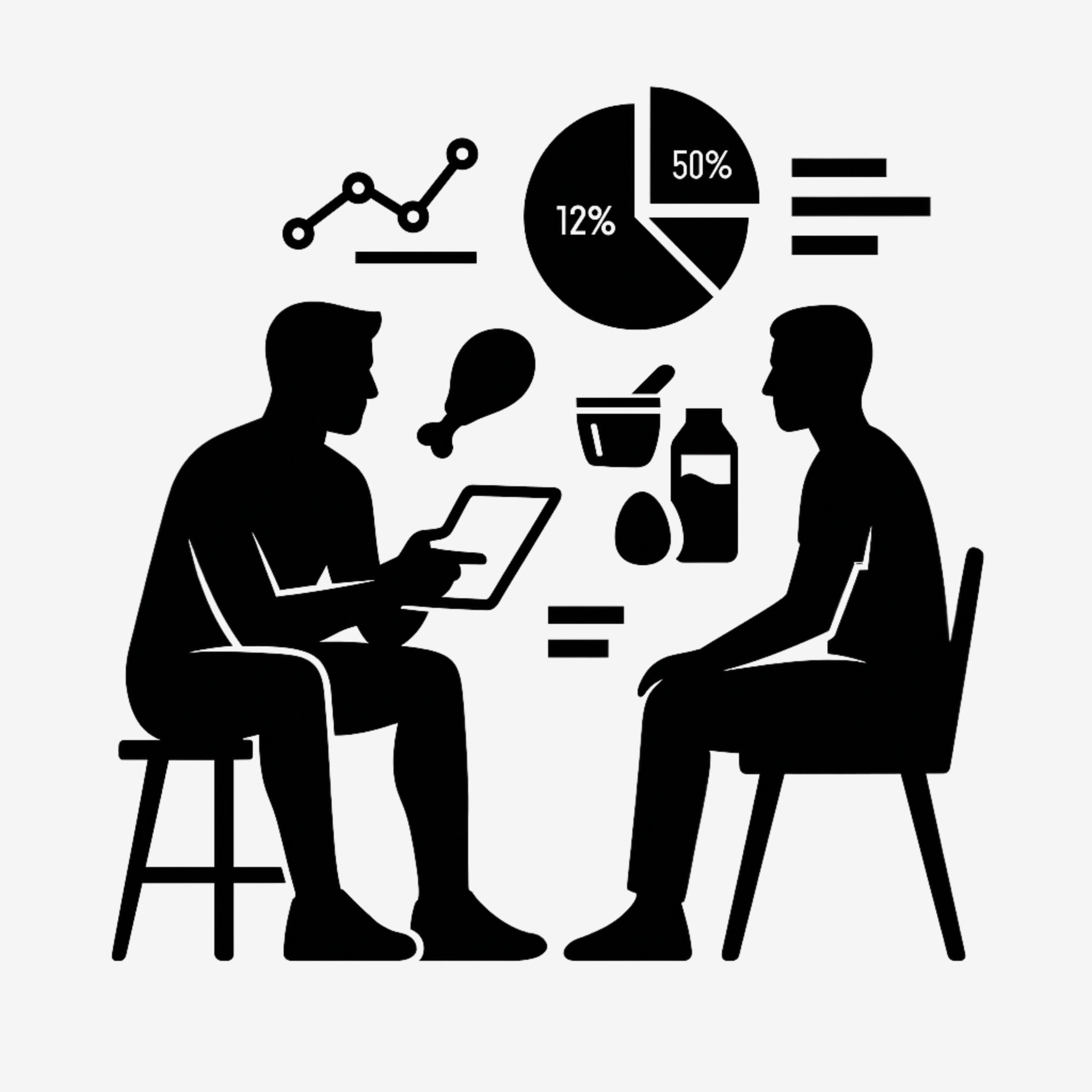 Silhouettes of two people sitting and talking with food items like chicken and eggs, and grocery items including milk and a jar. Food-related icons like a pie chart, line graph, and bar chart are above, representing data about food or nutrition.